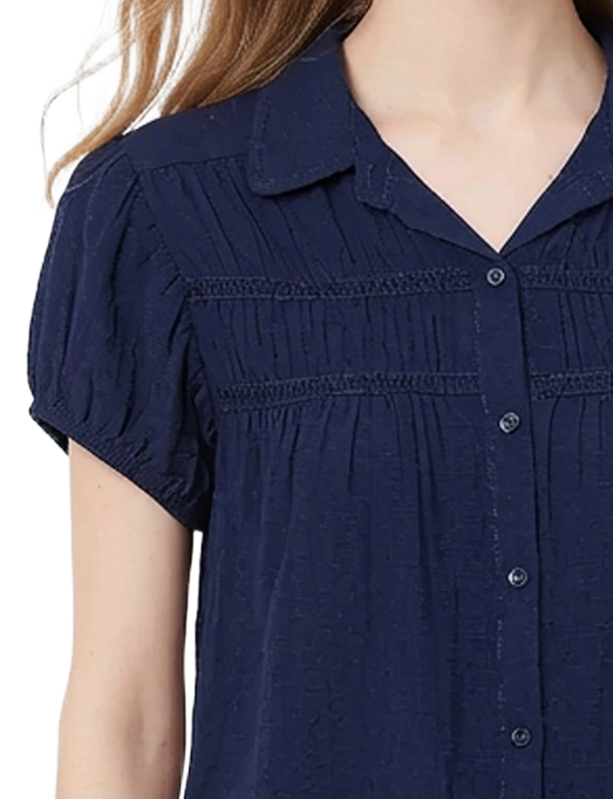 NY Collection Cap Slv Rouched Yoke Blouse - Image 2