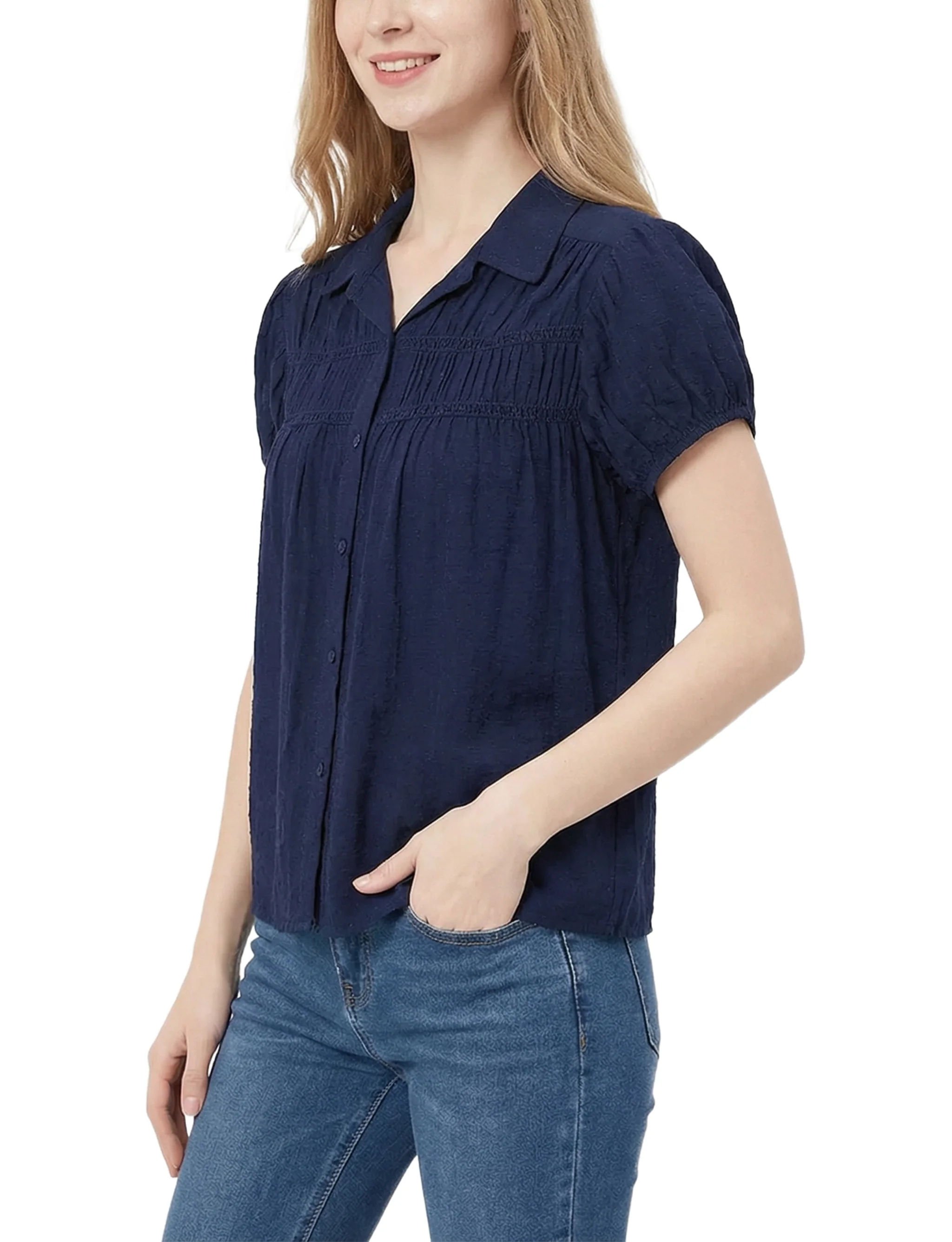 NY Collection Cap Slv Rouched Yoke Blouse - Image 3
