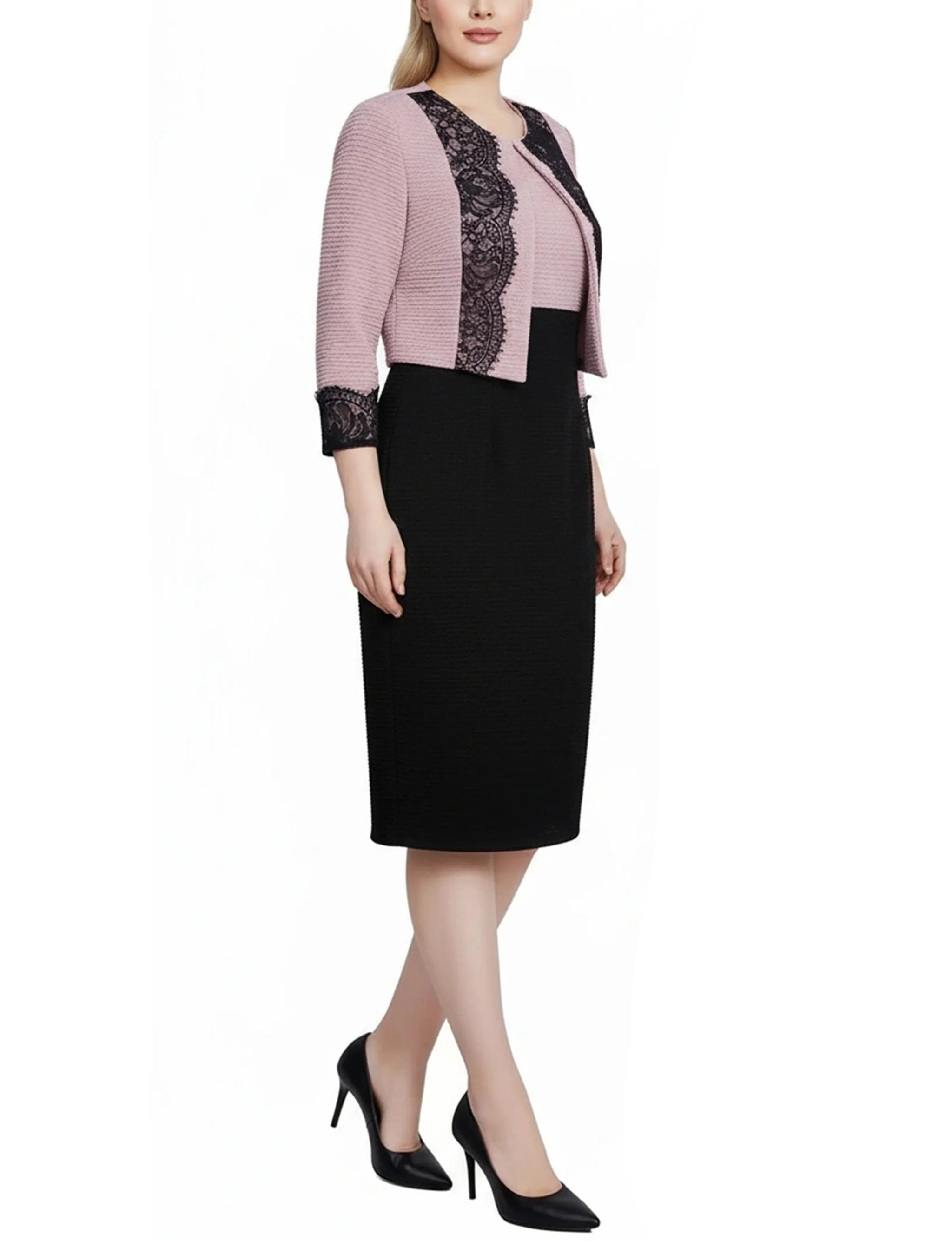 NY Collection Lace-Detail 2 Piece Textured Knit Dress Set - Image 3