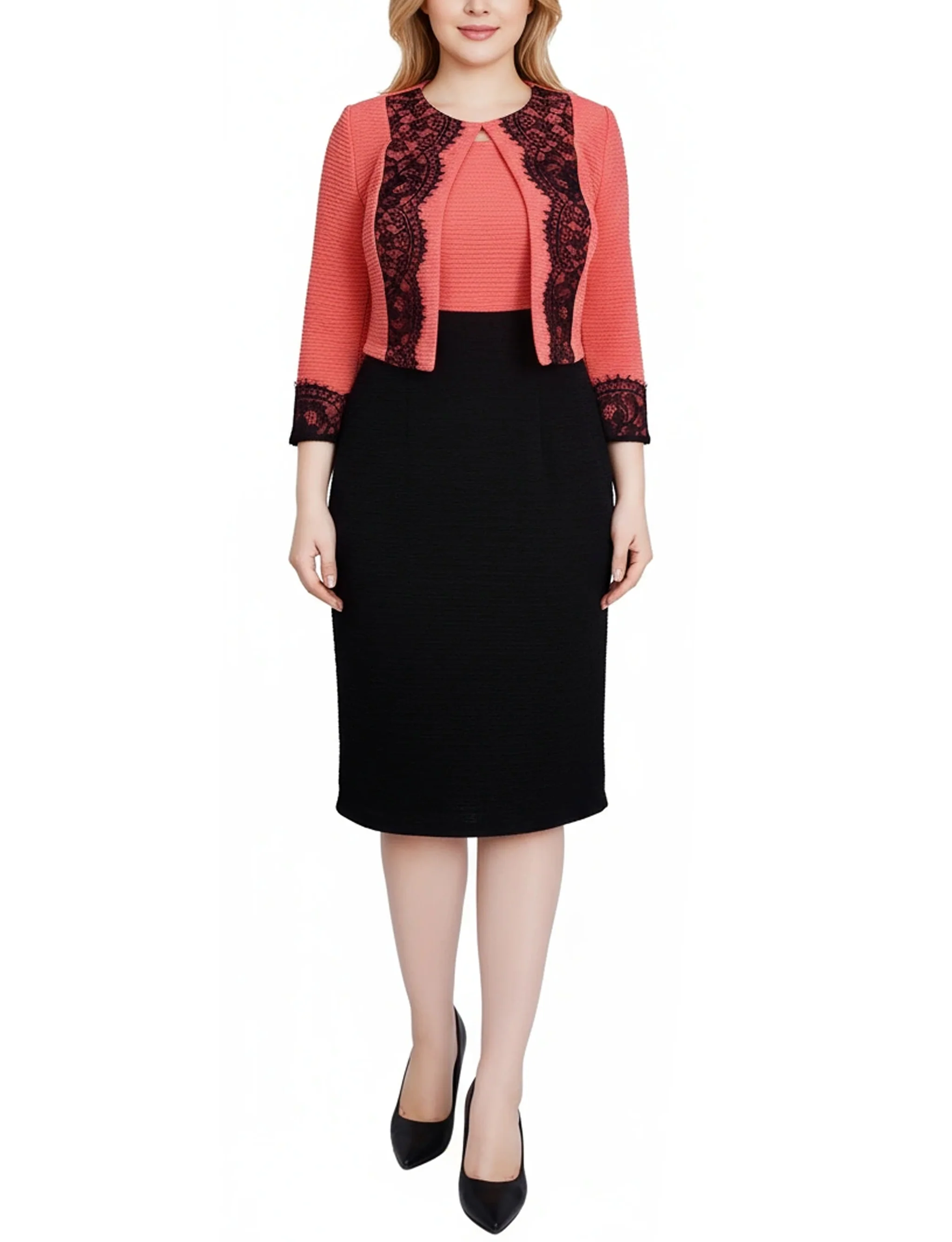 NY Collection Lace-Detail 2 Piece Textured Knit Dress Set - Image 7