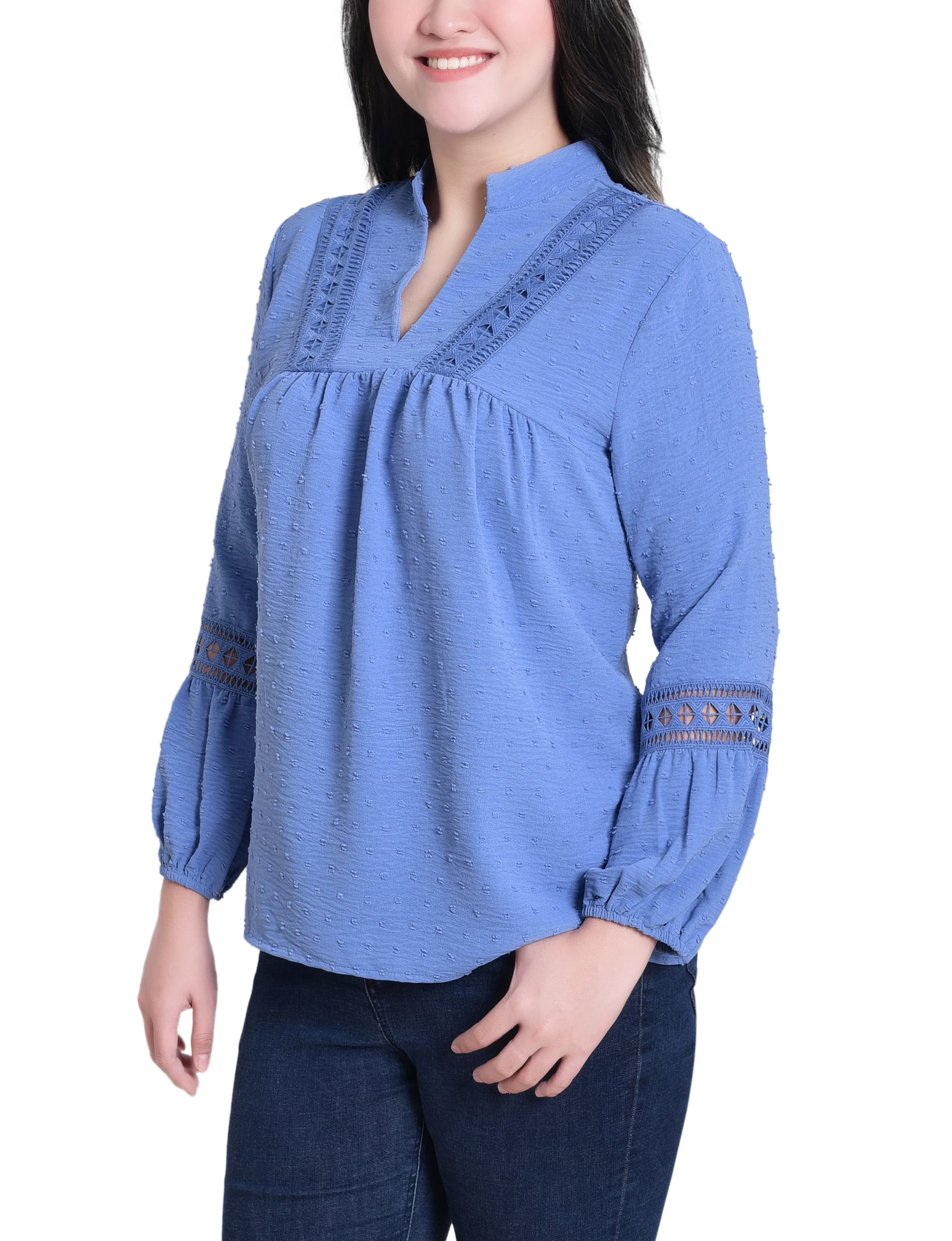 NY Collection Long Sleeve Blouse With Crochet Trim - Image 3