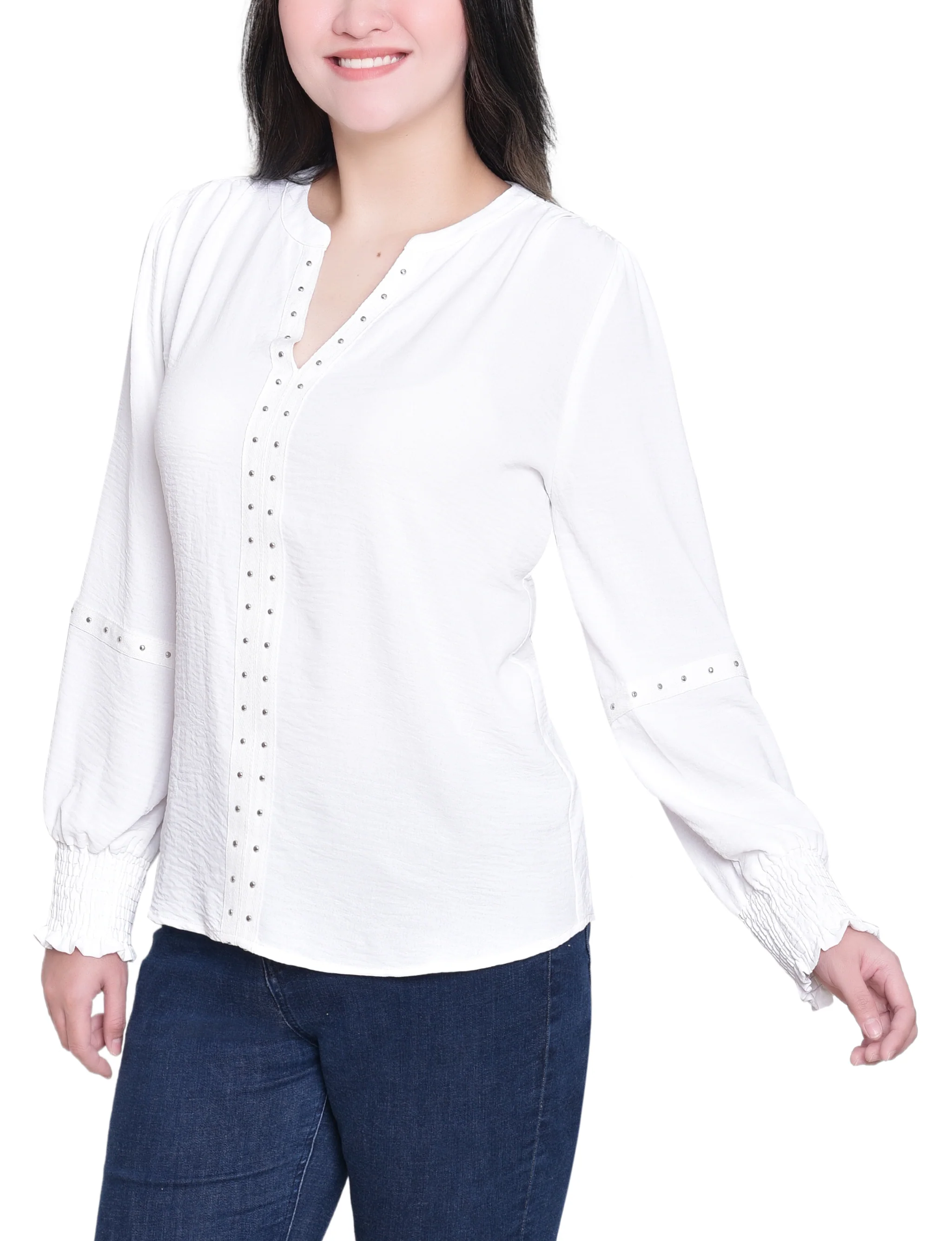 NY Collection Long Sleeve Studded Blouse - Image 7