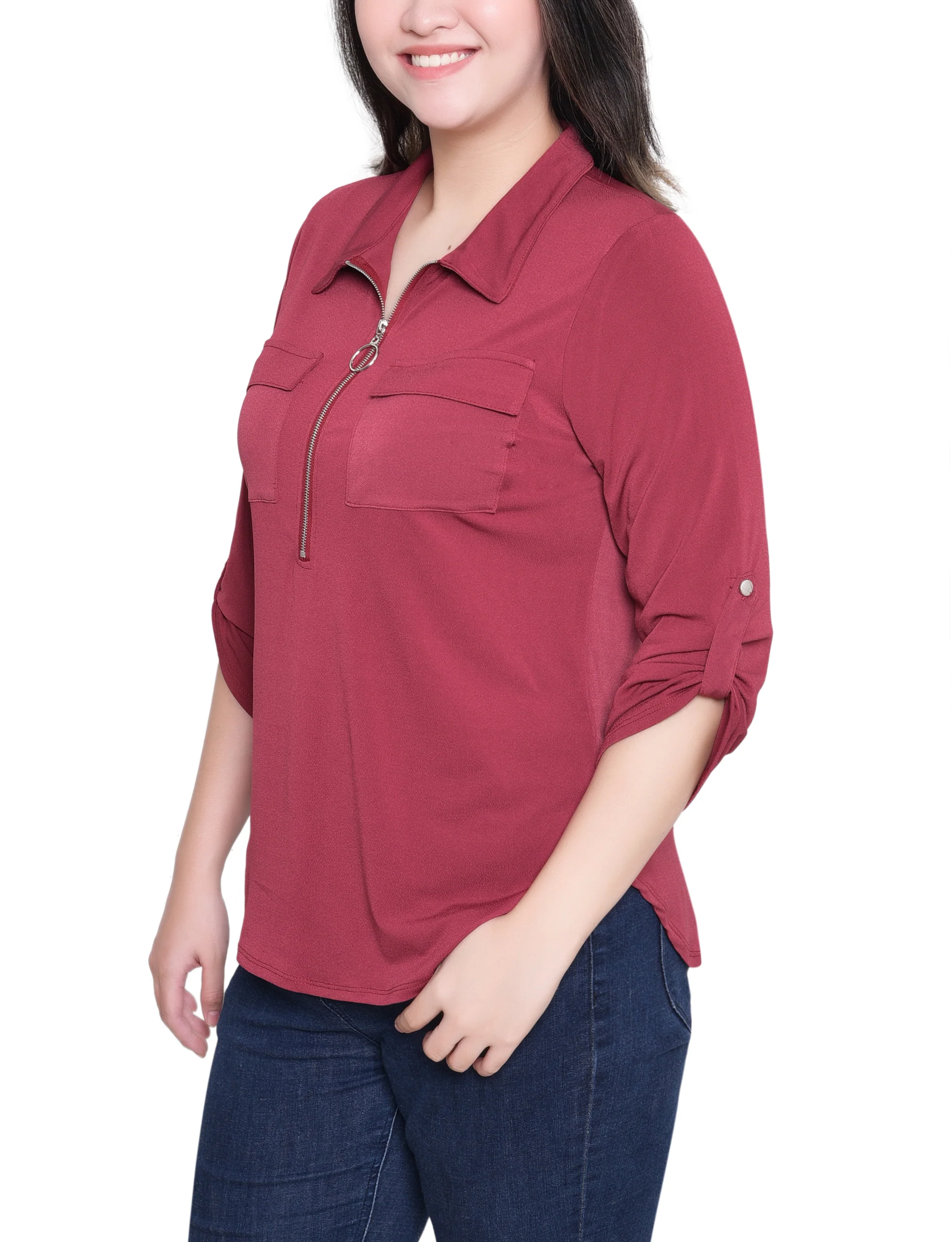 NY Collection Missy 3/4 Roll Tab Zip Front Top - Burgandy - Image 2