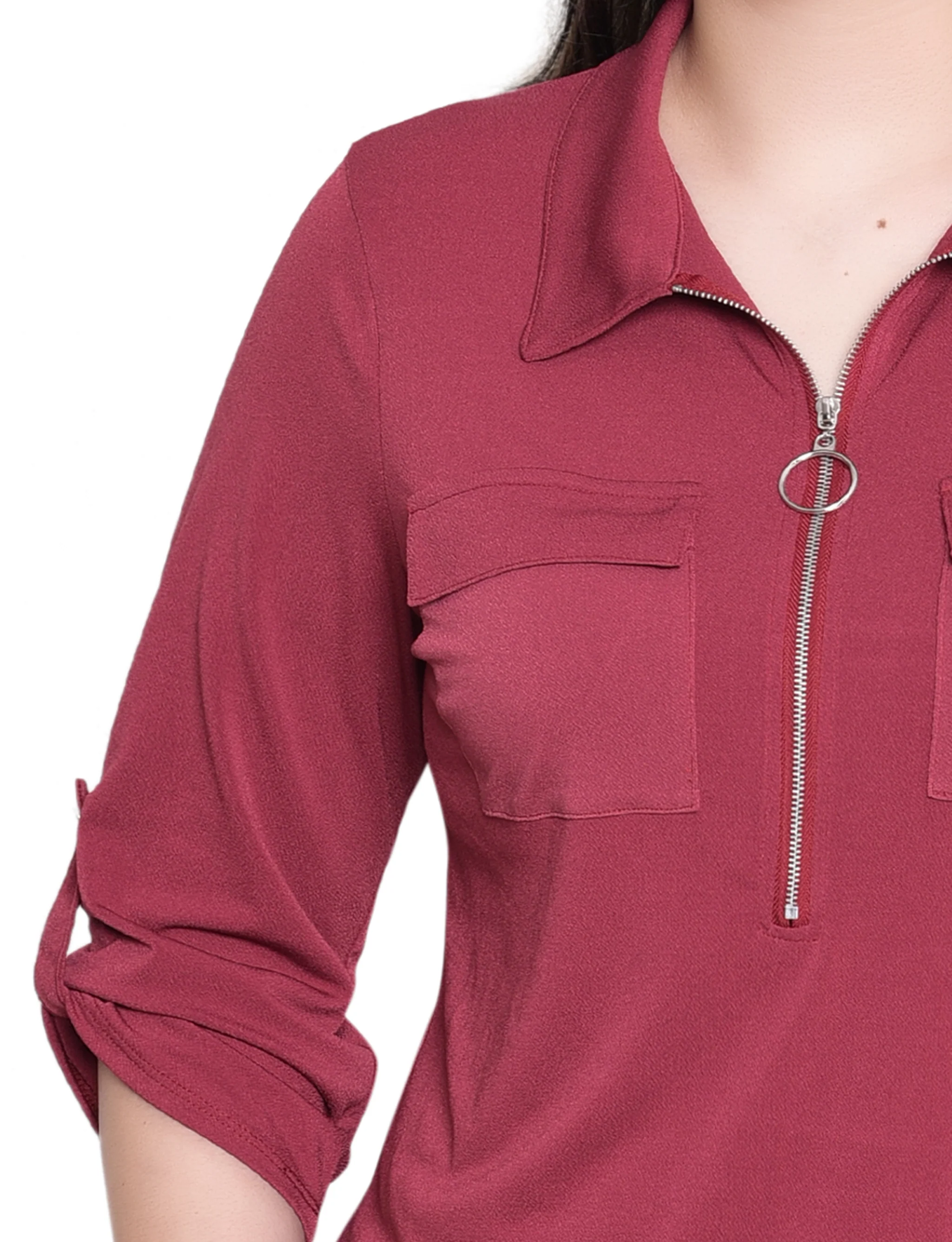 NY Collection Missy 3/4 Roll Tab Zip Front Top - Burgandy - Image 3