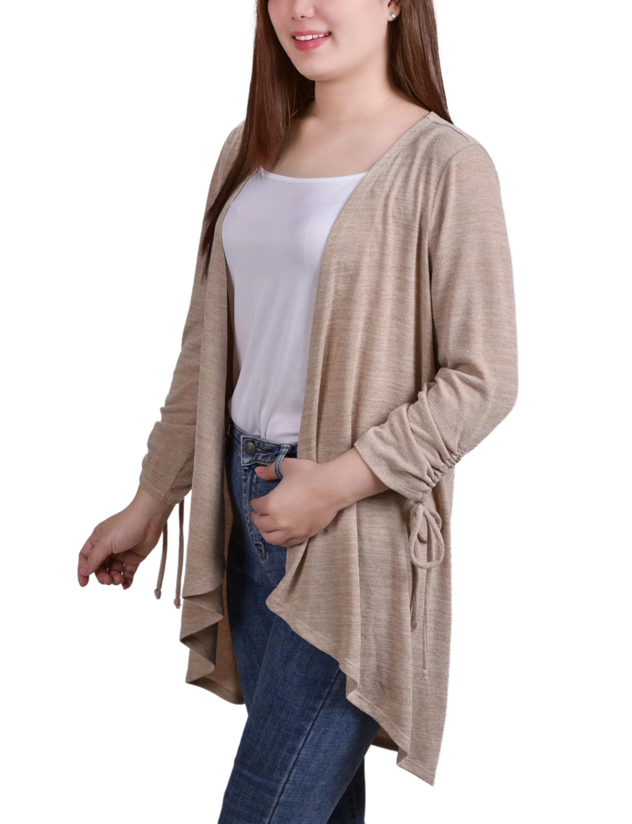 NY Collection Missy Long Sleeve Hi Lo Hem Cardigan - Oatmeal - Image 2