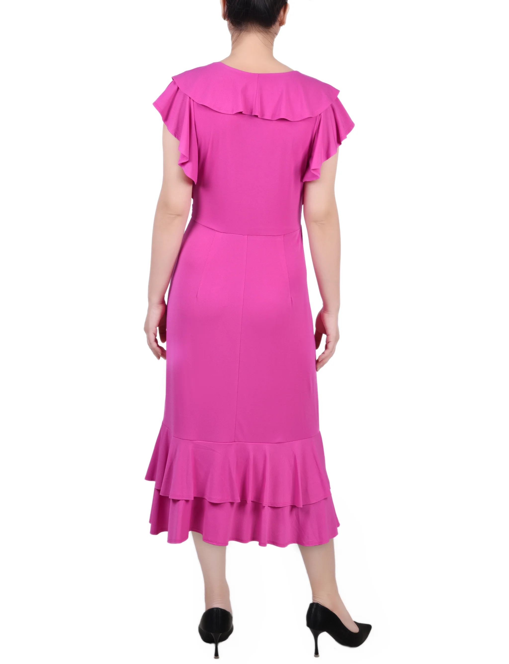 NY Collection Missy Short flutter Sleeve Ruffle Neck Dress - Magenta - Image 4