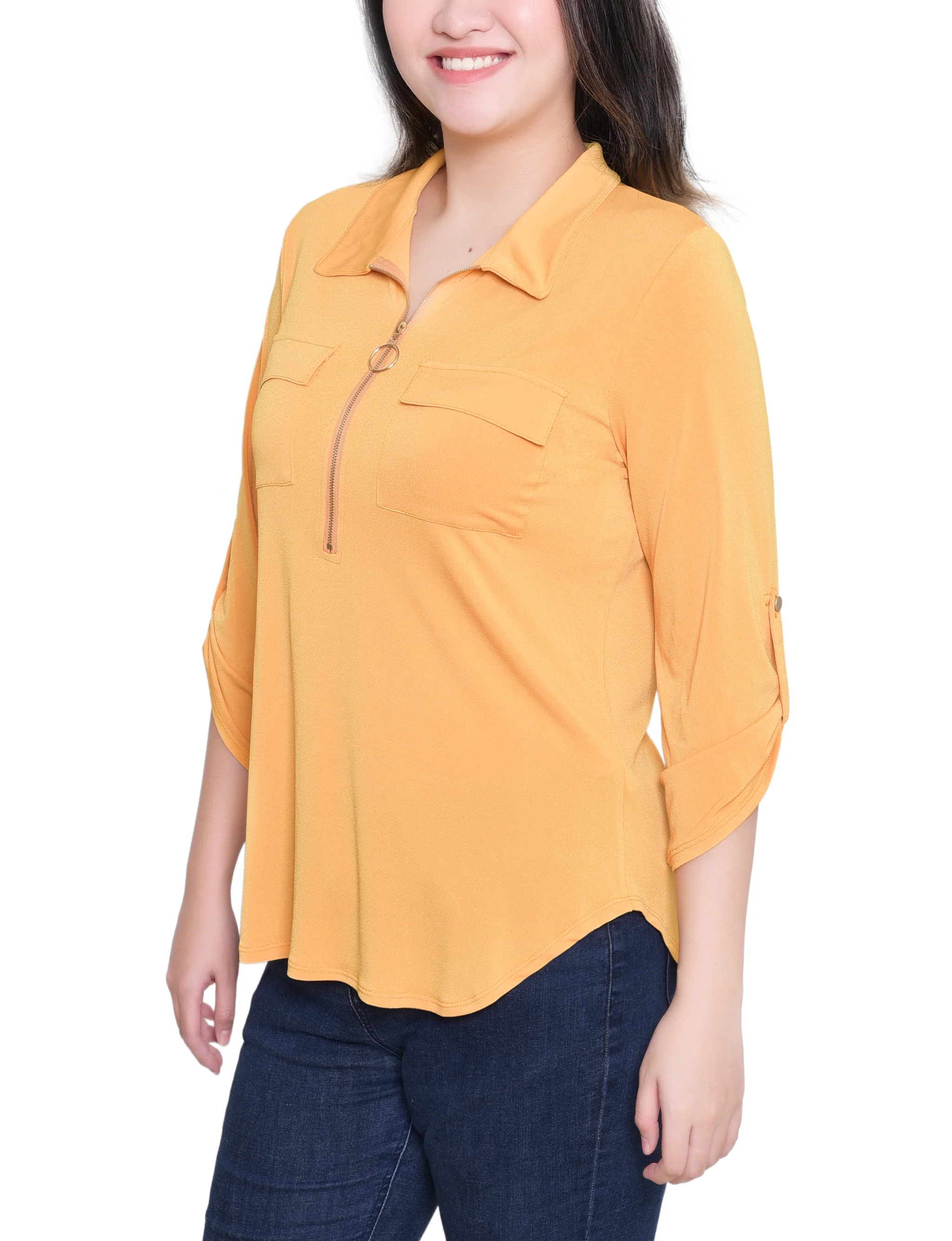 NY Collection Petite 3/4 Roll Tab Zip Front Top - Golden Glow - Image 2
