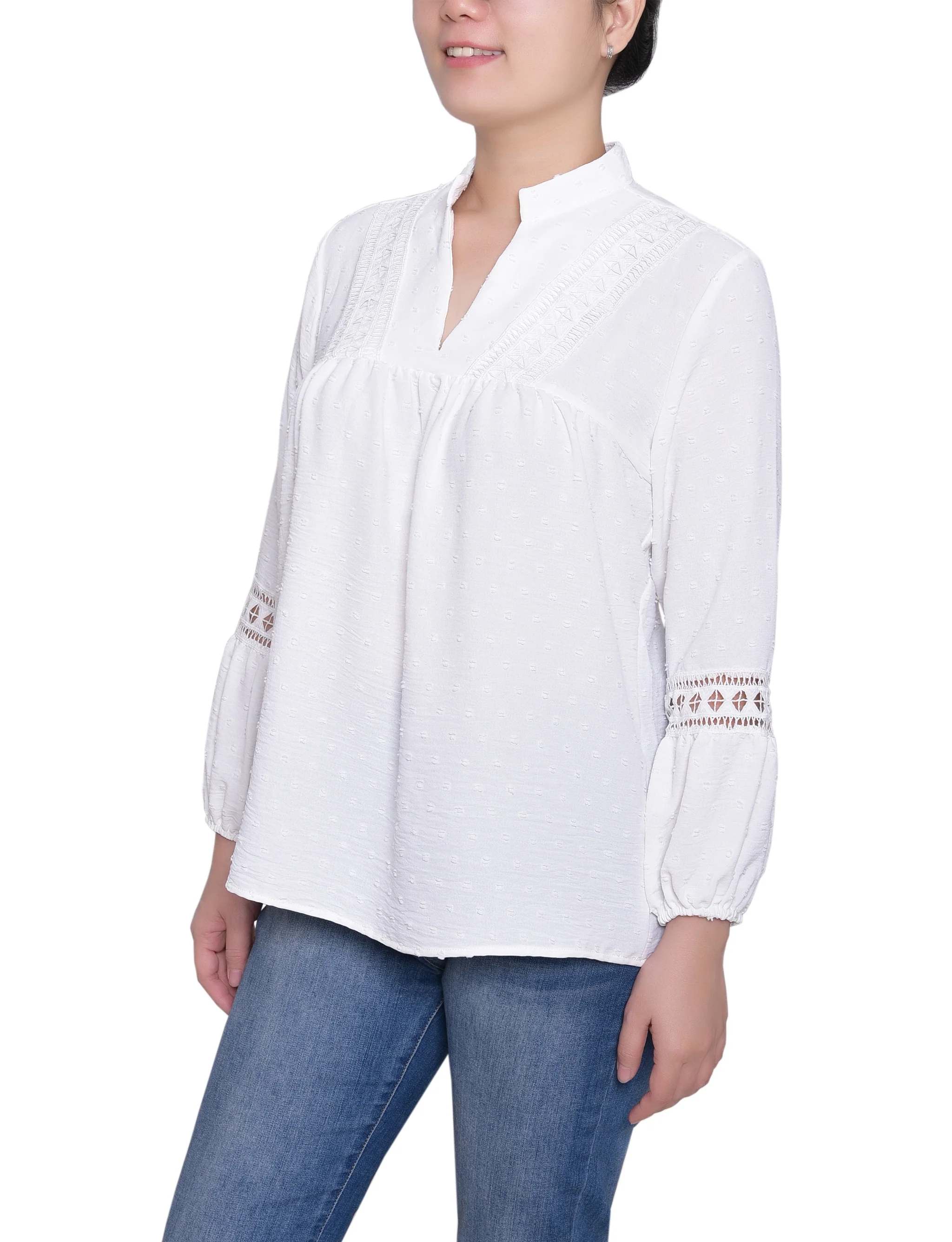 NY Collection Petite Long Sleeve Blouse With Crochet Trim - Image 7