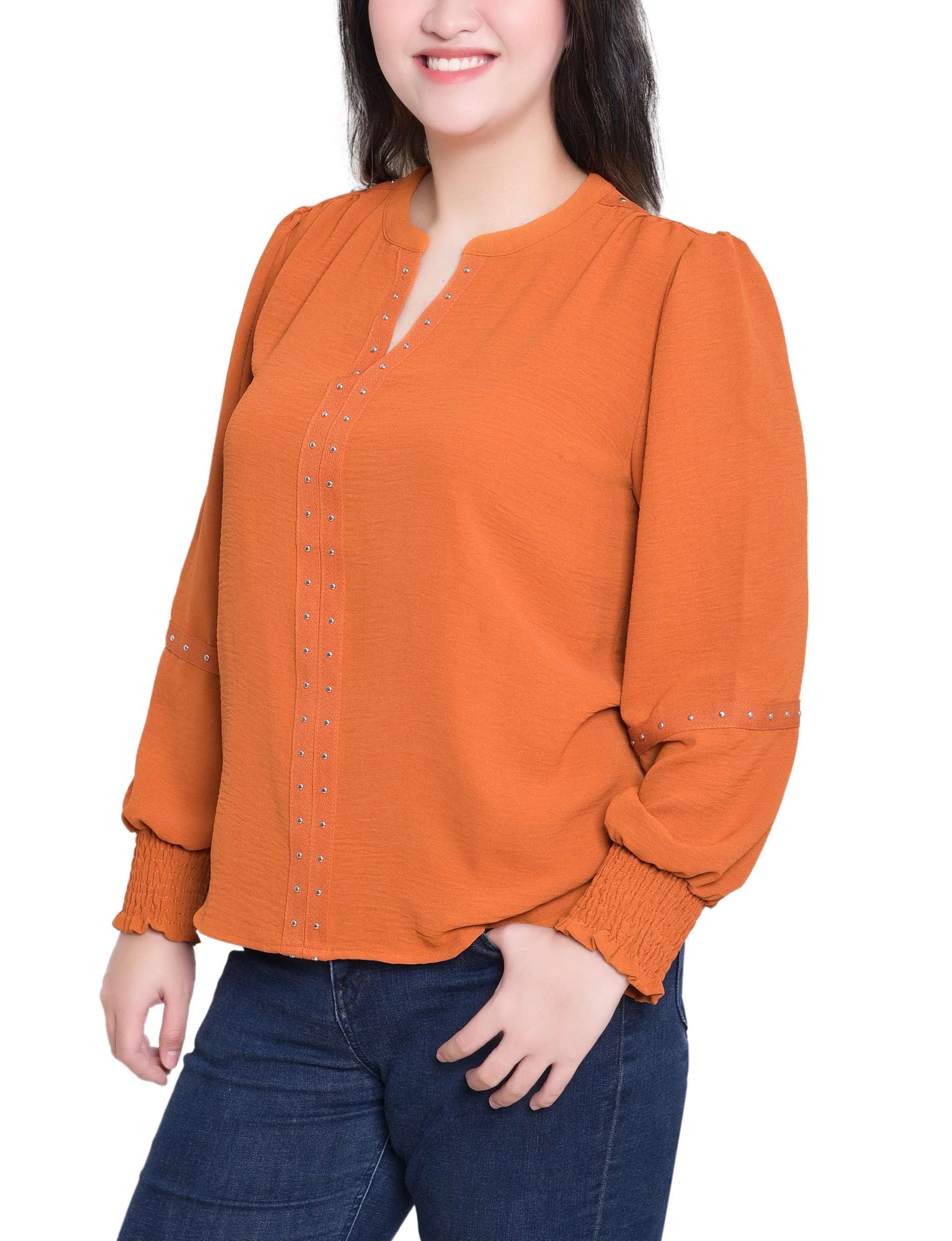 NY Collection Petite Long Sleeve Studded Blouse - Image 3