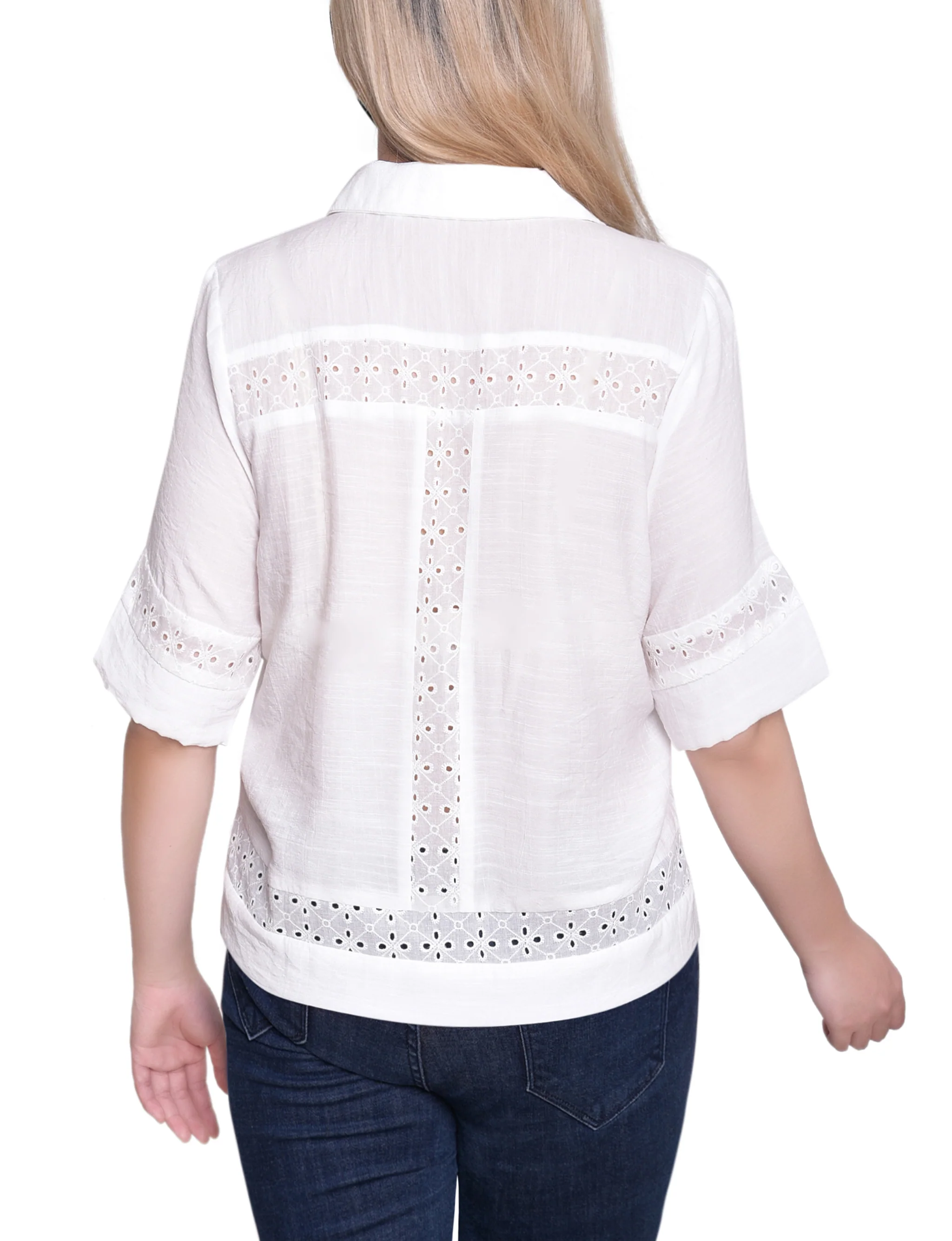 NY Collection Petite Short Sleeve Eyelet-Inset Blouse - Image 4