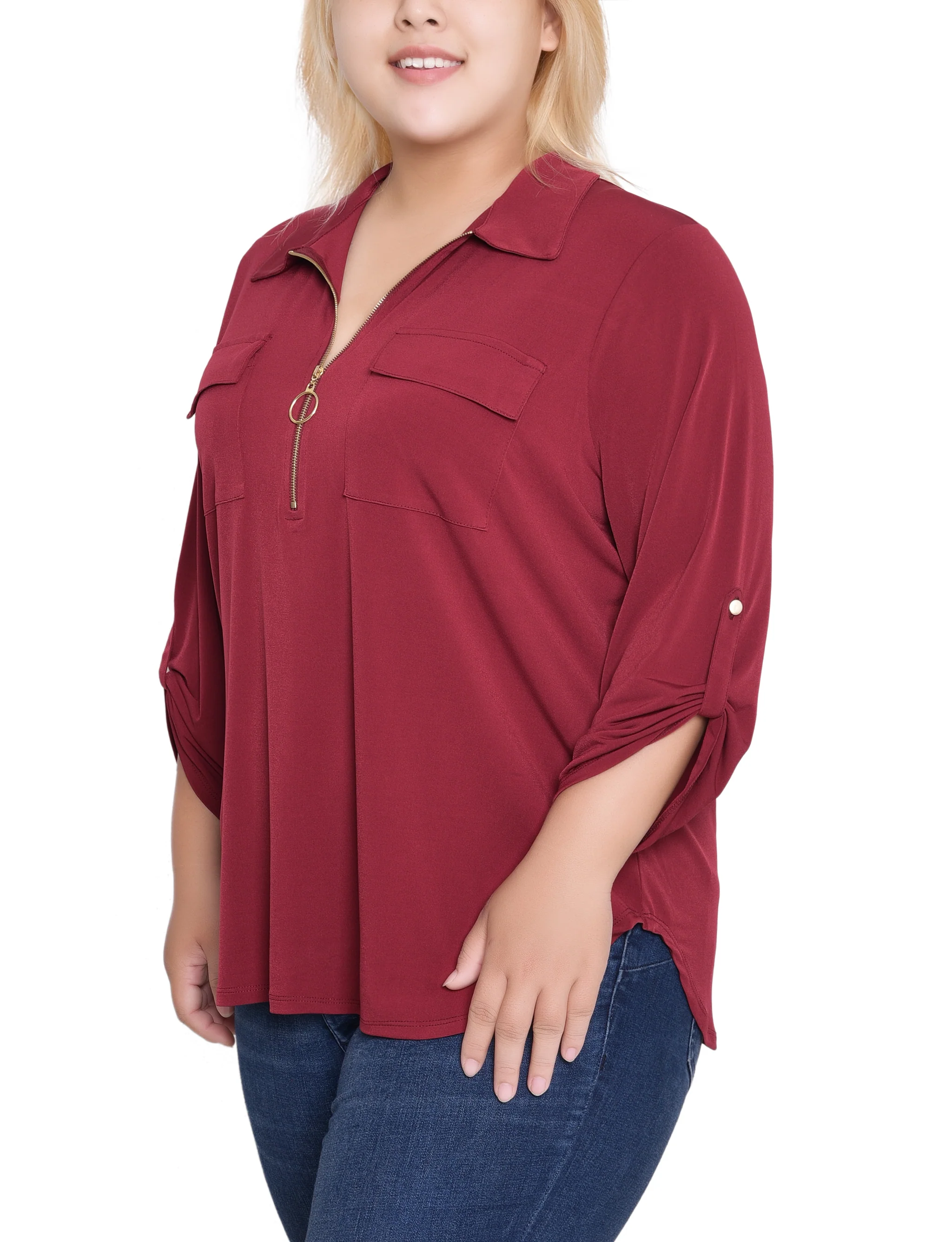 NY Collection Plus Size 3/4 Roll Tab Zip Front Top - Burgandy - Image 2