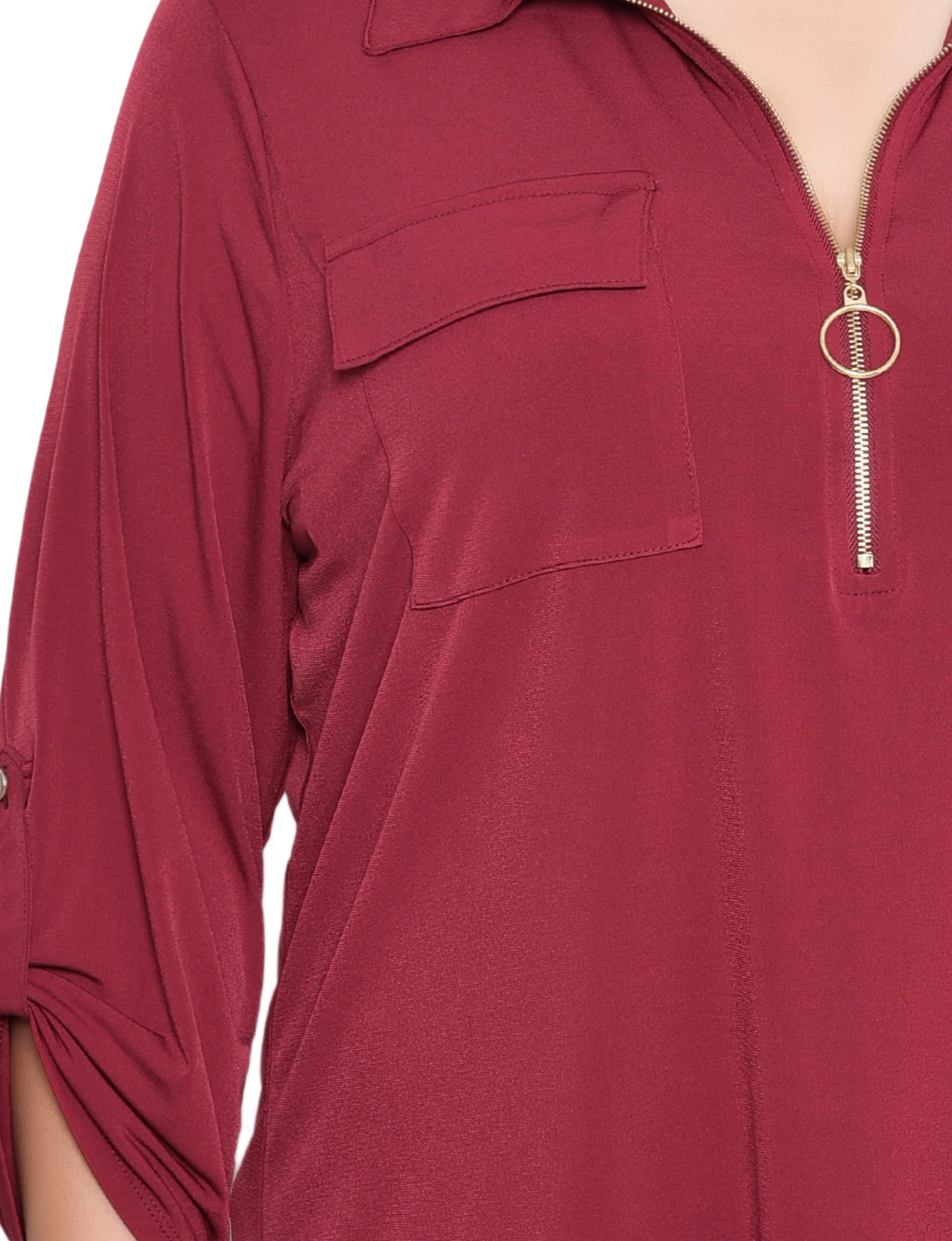 NY Collection Plus Size 3/4 Roll Tab Zip Front Top - Burgandy - Image 3