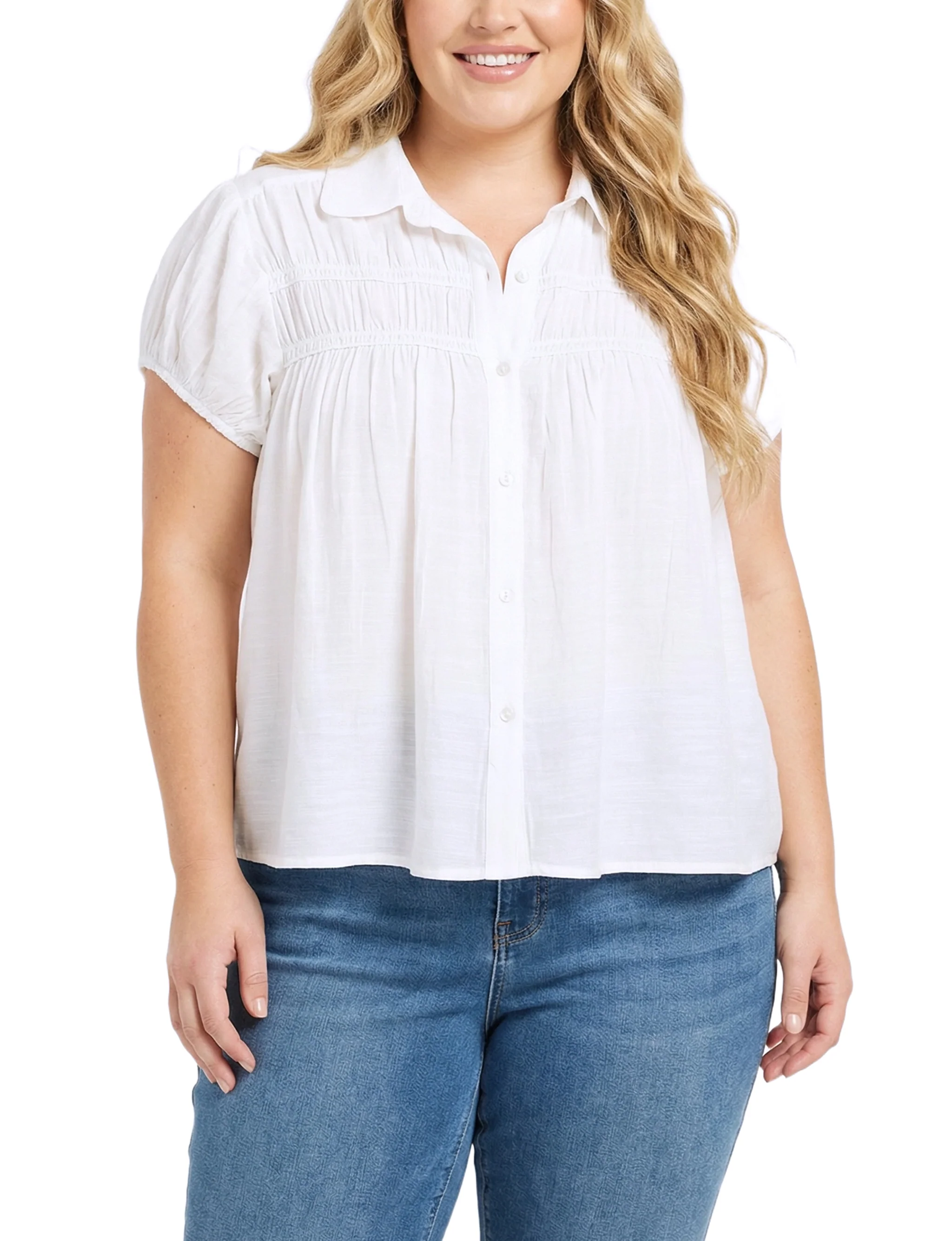 NY Collection Plus Size Cap Slv Rouched Yoke Blouse - Image 5