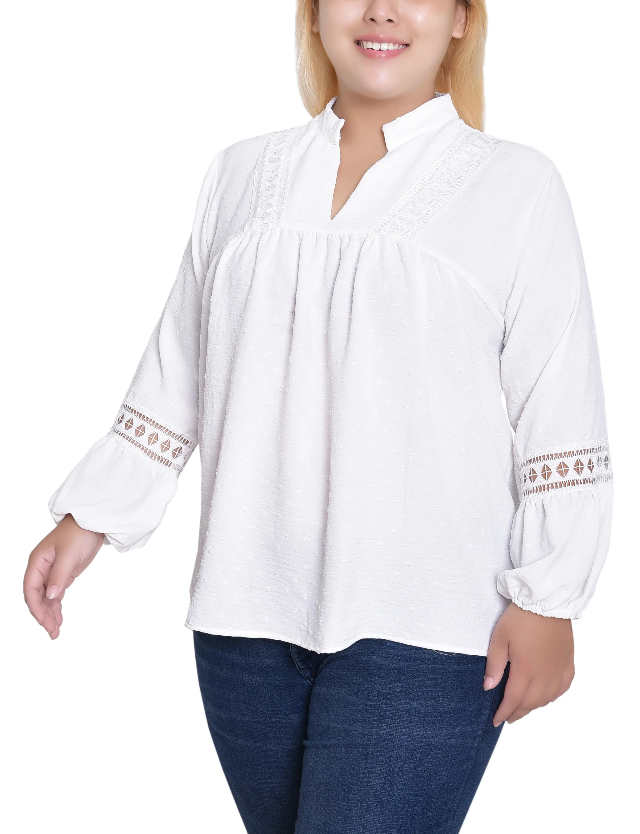 NY Collection Plus Size Long Sleeve Blouse With Crochet Trim - Image 7