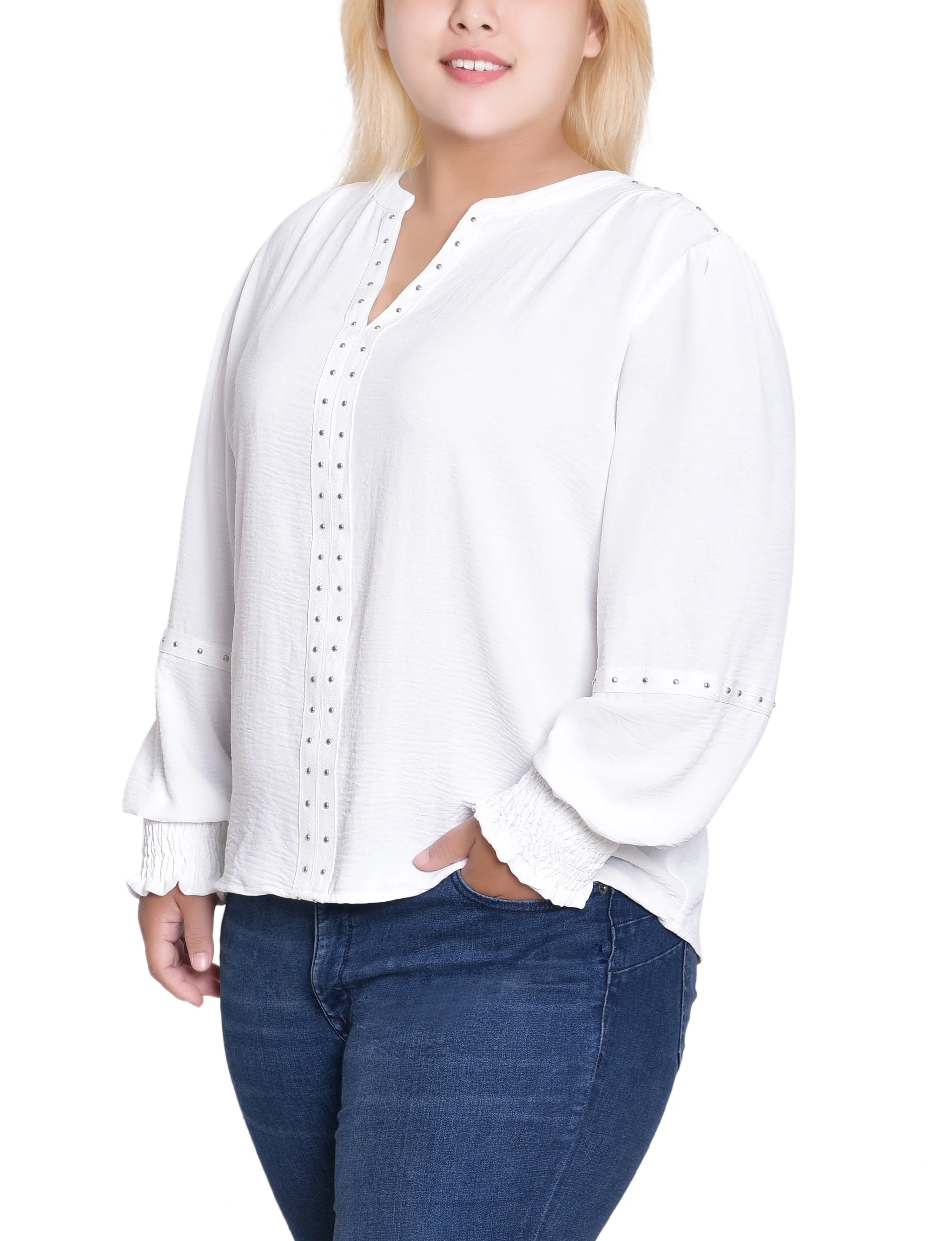 NY Collection Plus Size Long Sleeve Studded Blouse - Image 7