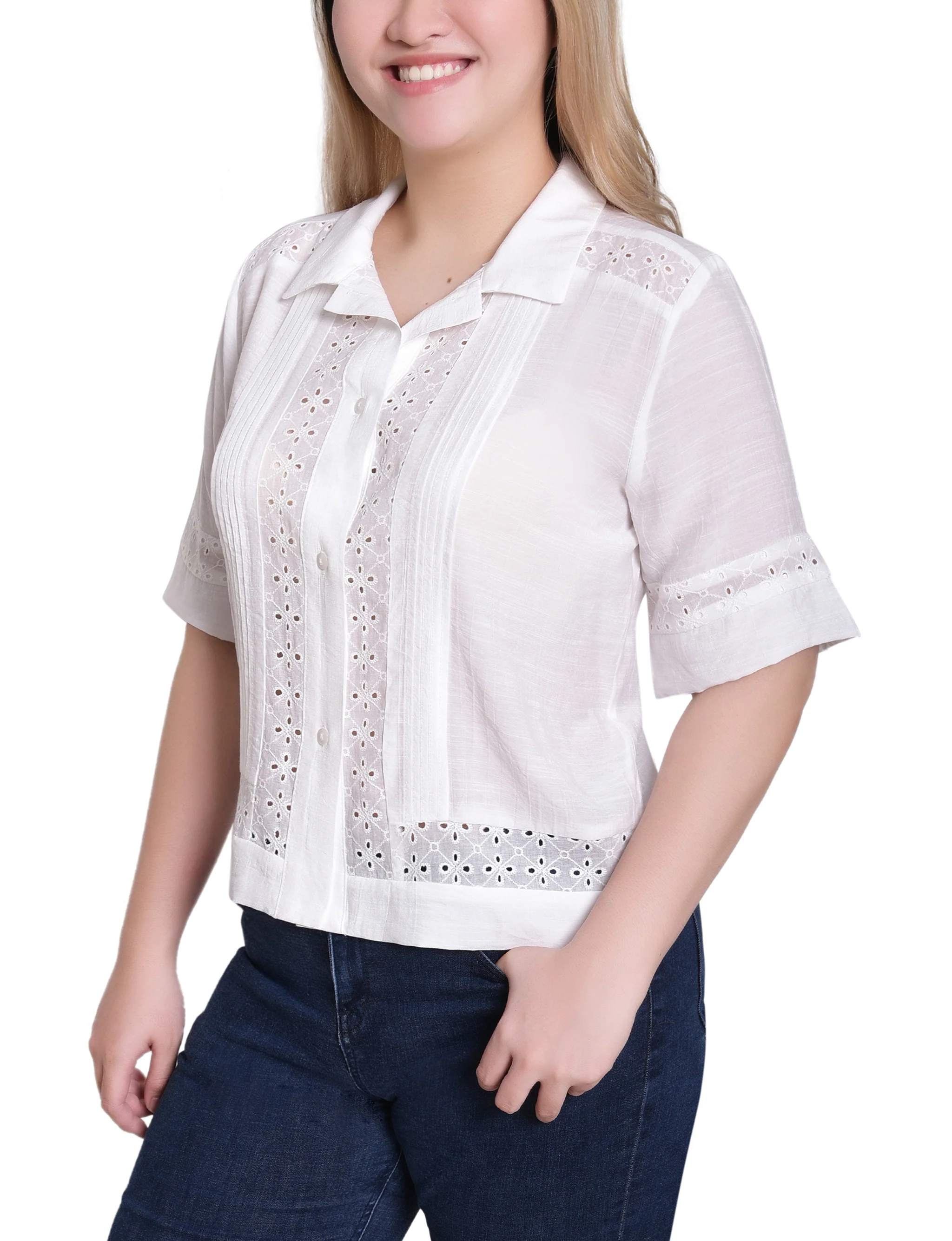 NY Collection Short Sleeve Eyelet-Inset Blouse - Image 3