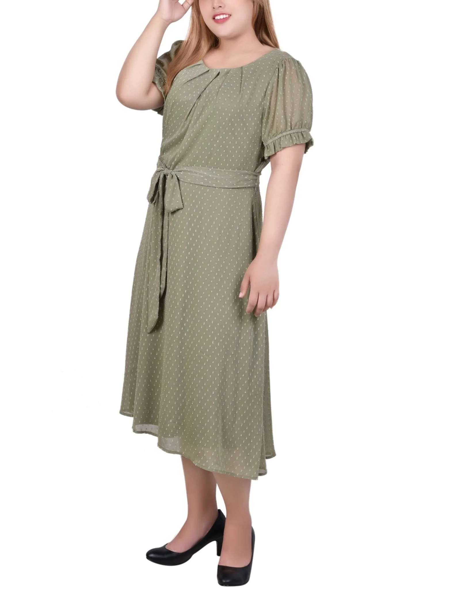 Oil Green Rectangle Short Sleeve Belted Swiss Dot Dress - Plus - Image 2