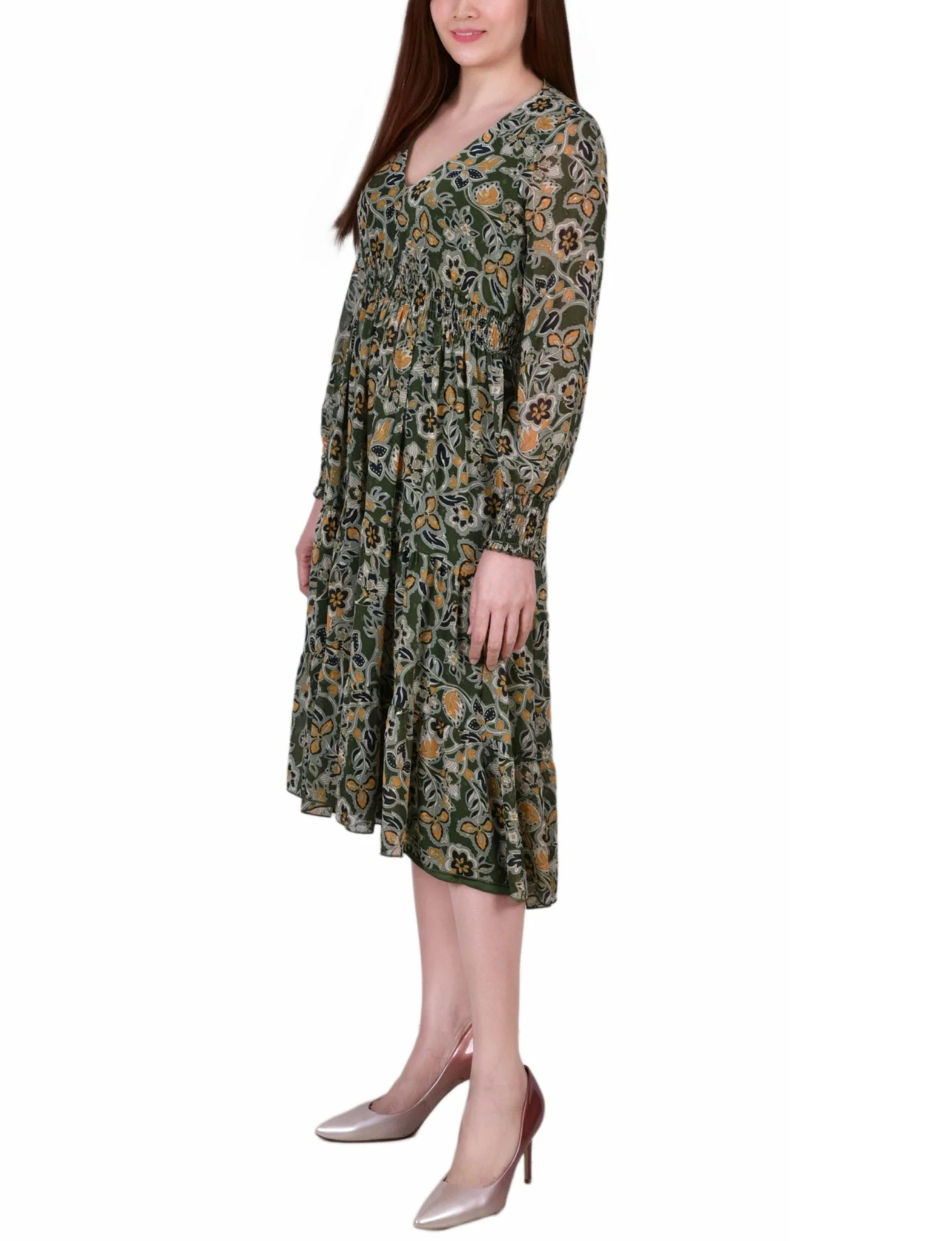 Olive Floral Long Sleeve Clip Dot Chiffon Dress With Smocked Waist and Cuffs - Petite - Image 2