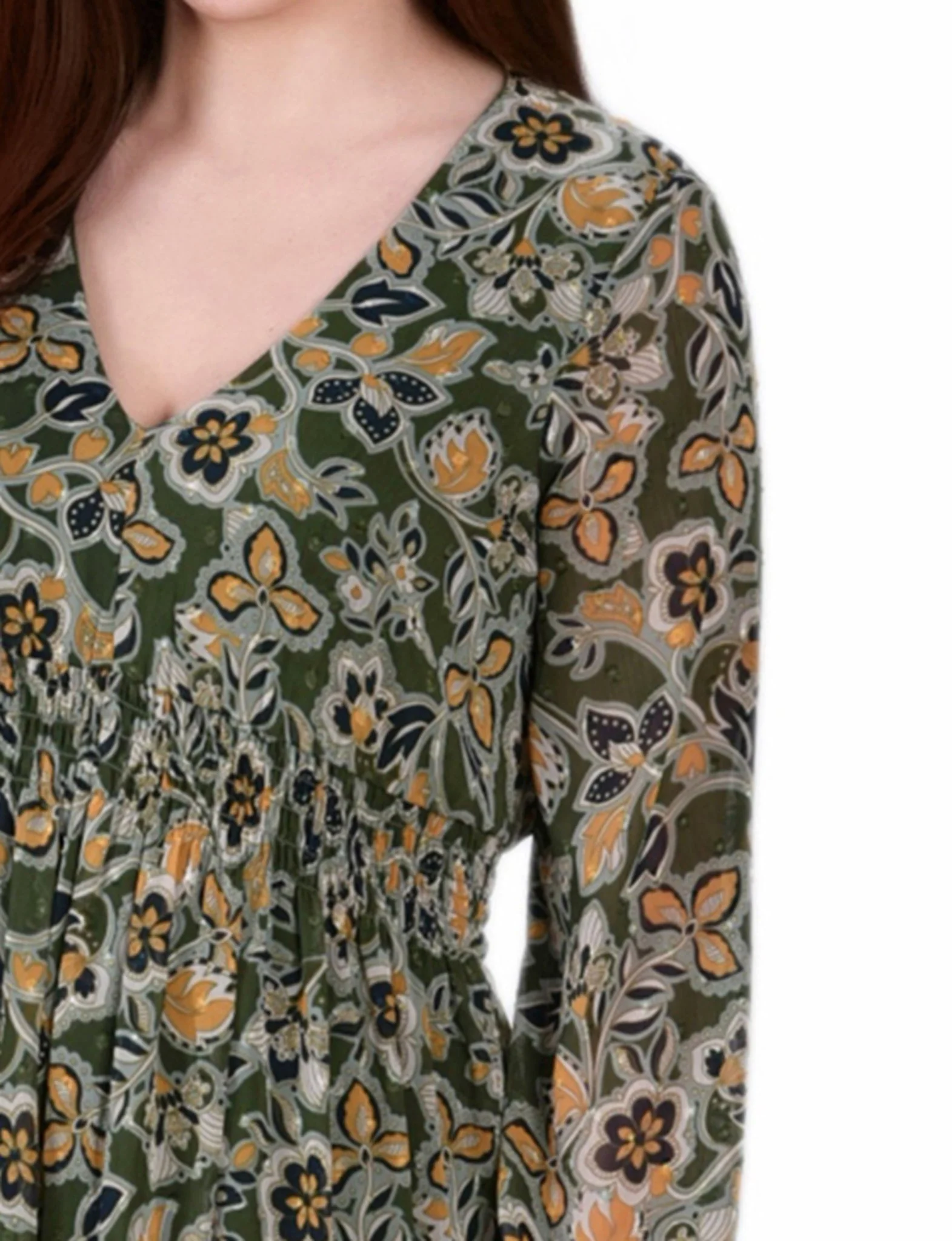 Olive Floral Long Sleeve Clip Dot Chiffon Dress With Smocked Waist and Cuffs - Petite - Image 4