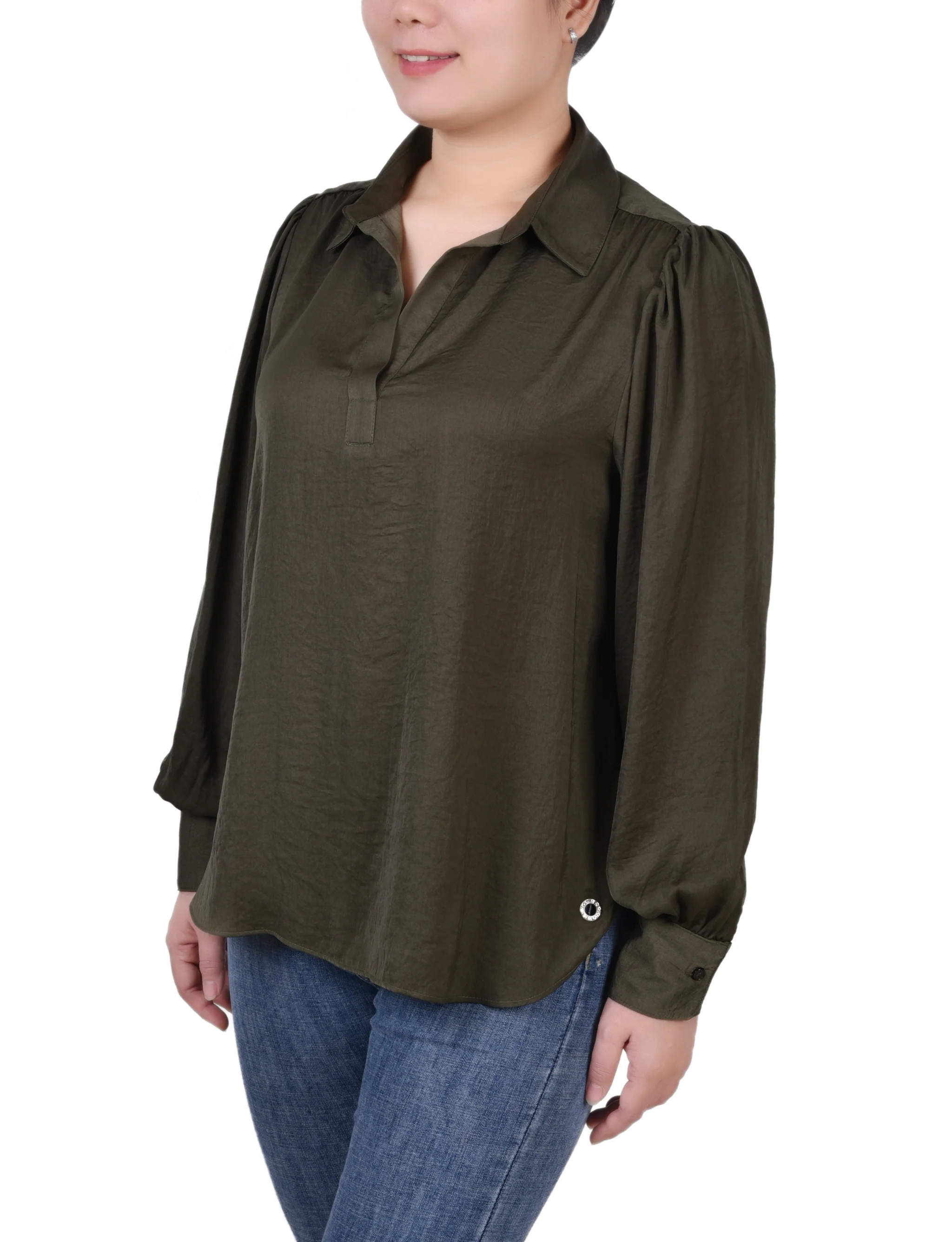 Olive Long Puff Sleeve Satin Blouse - Image 2