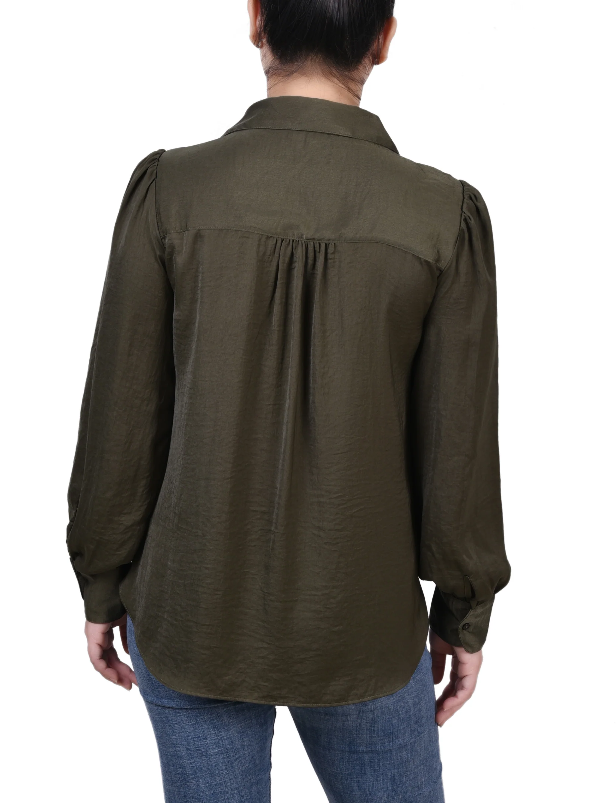 Olive Long Puff Sleeve Satin Blouse - Image 4