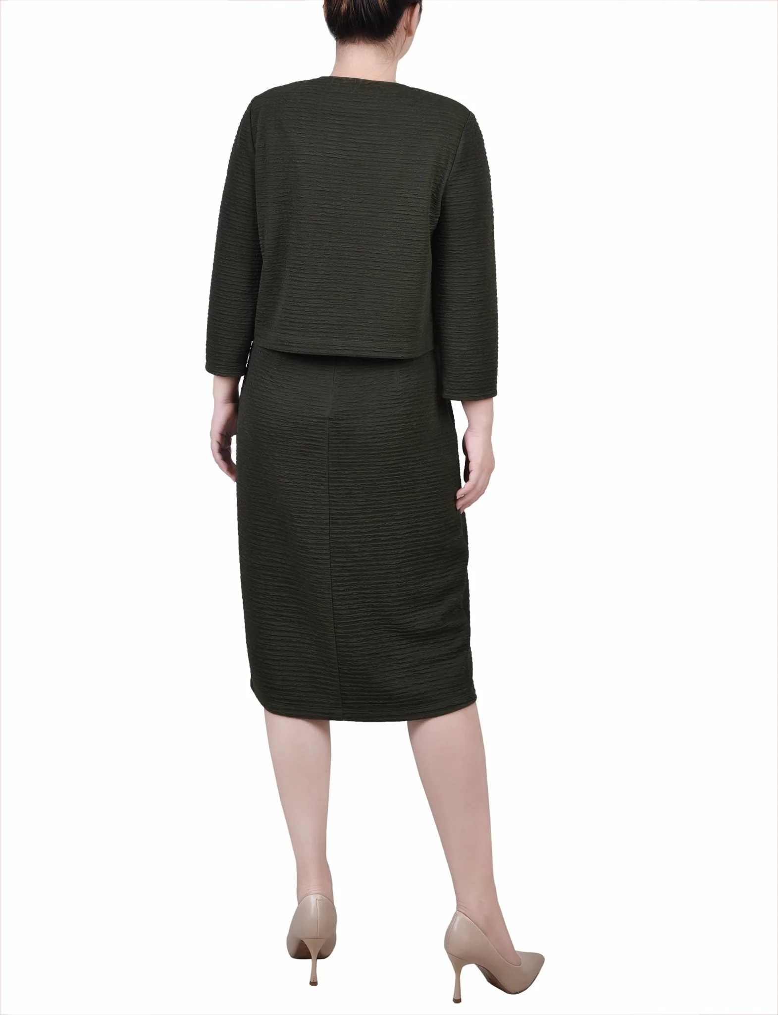 Olive Textured 3/4 Sleeve 2 Piece Dress Set - Image 3