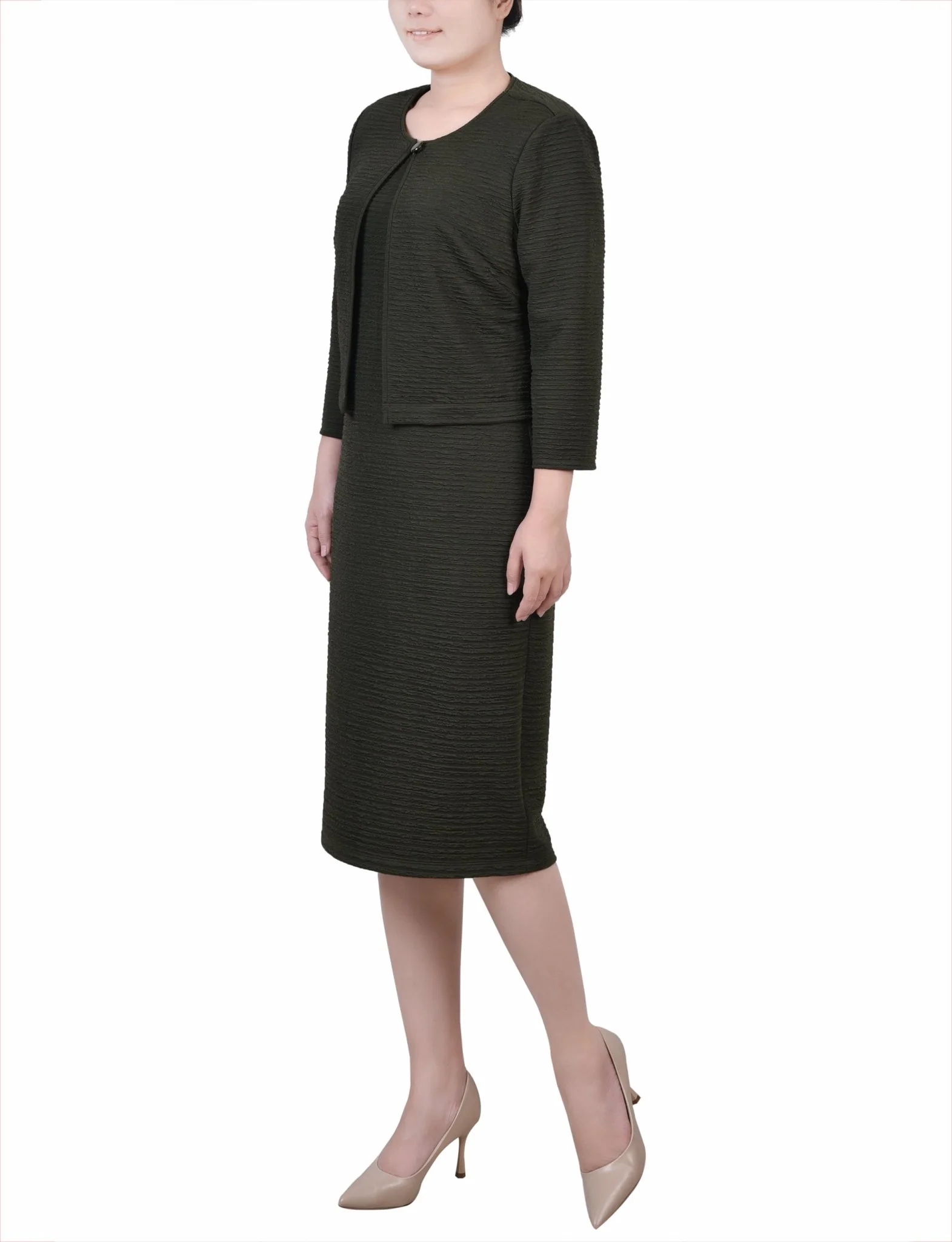 Olive Textured 3/4 Sleeve 2 Piece Dress Set - Petite - Image 2