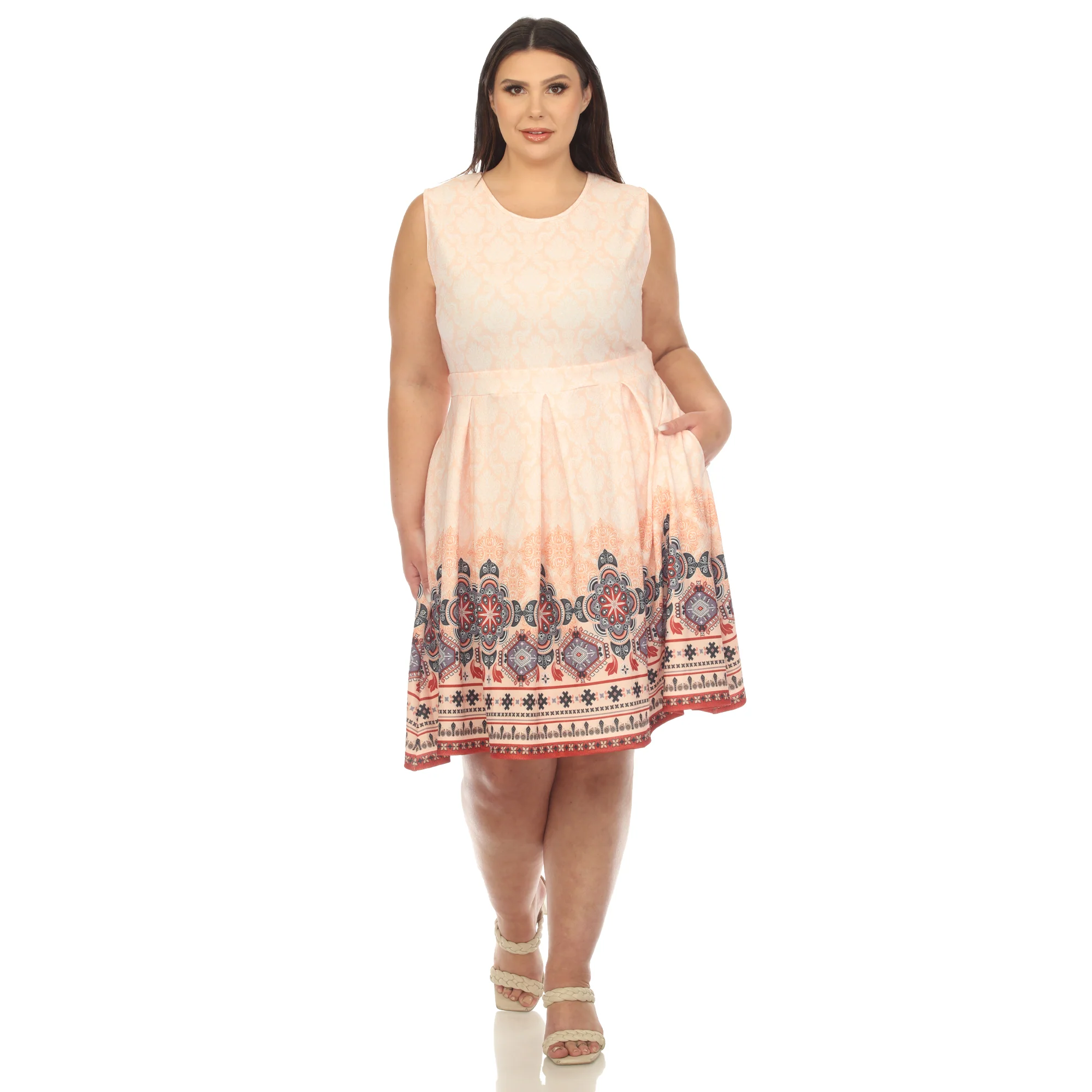 Orange Border Print Fit and Flare Knee Length Dress - Plus - Image 5