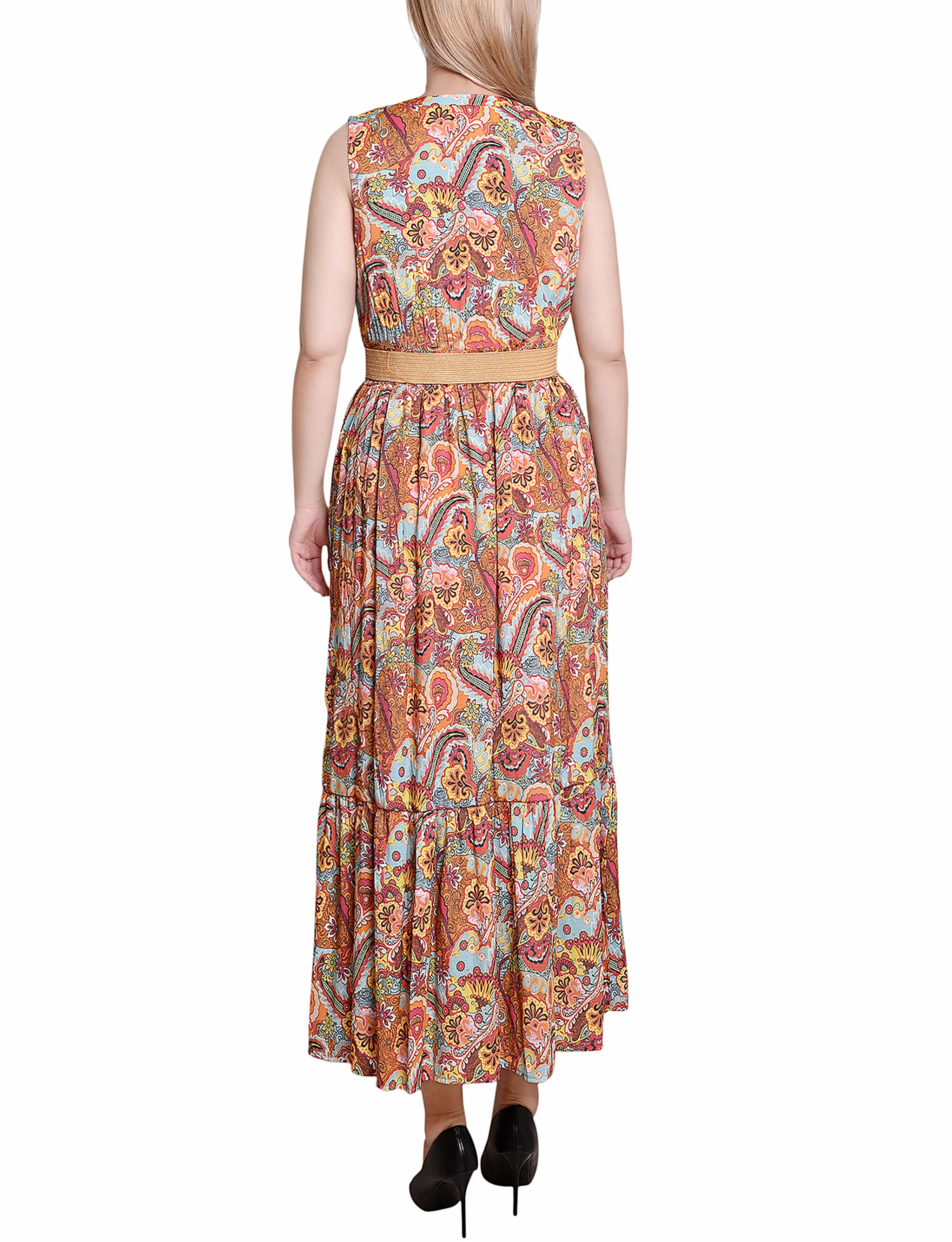 Orange Mint Vines Sleeveless Belted Midi Dress - Image 3