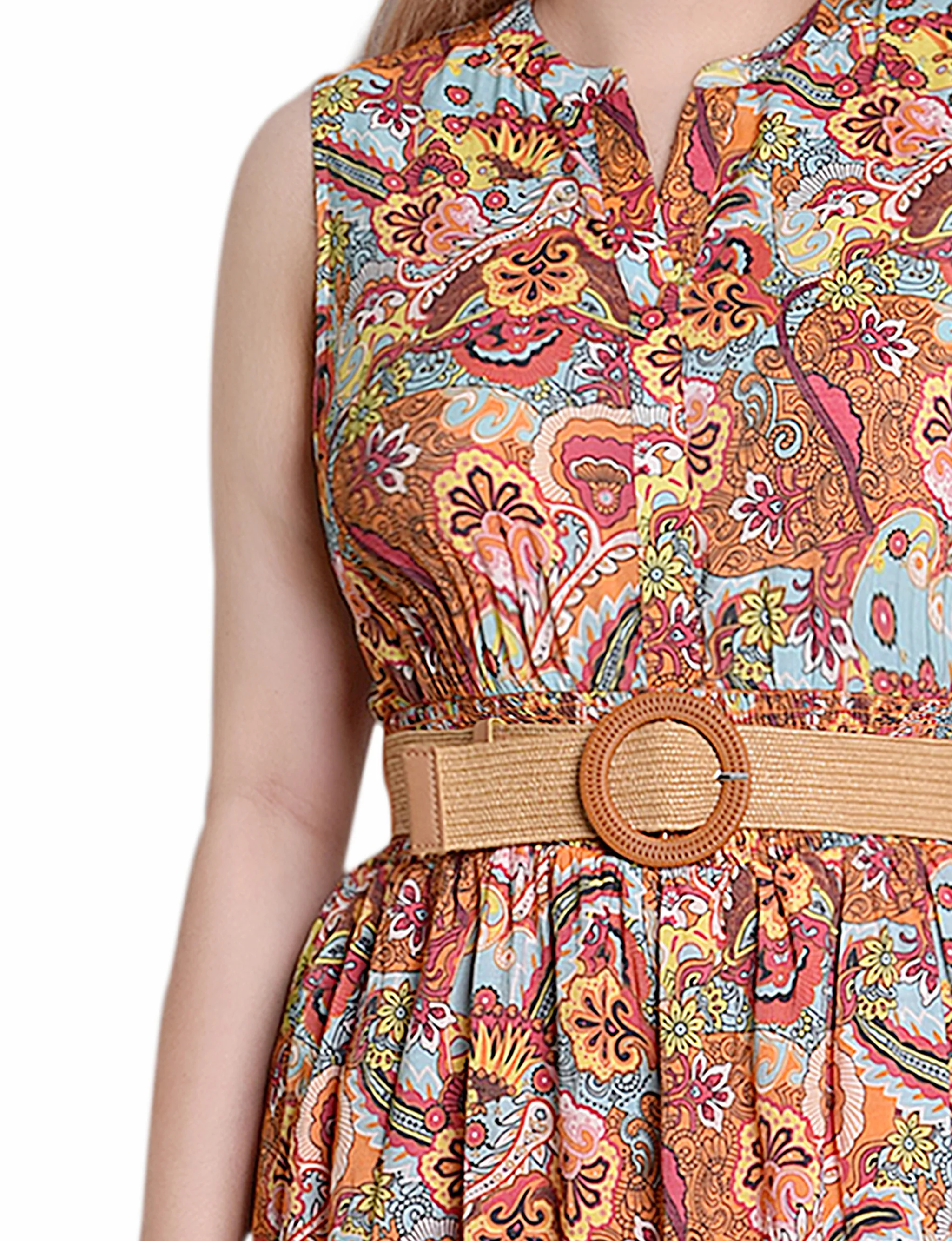 Orange Mint Vines Sleeveless Belted Midi Dress - Image 4