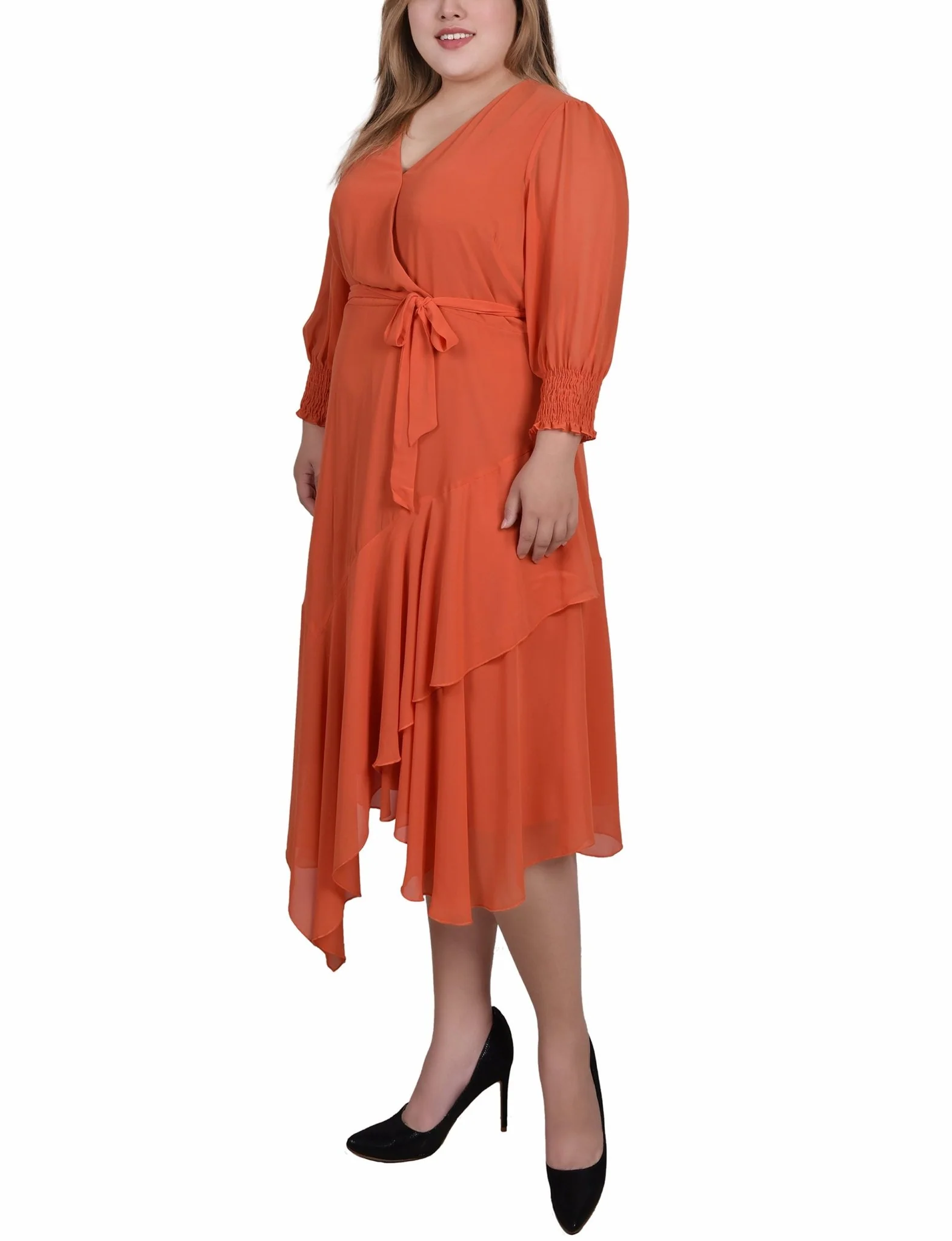 Orange Rust 3/4 Sleeve Belted Chiffon Hankerchief Hem Dress - Plus - Image 2