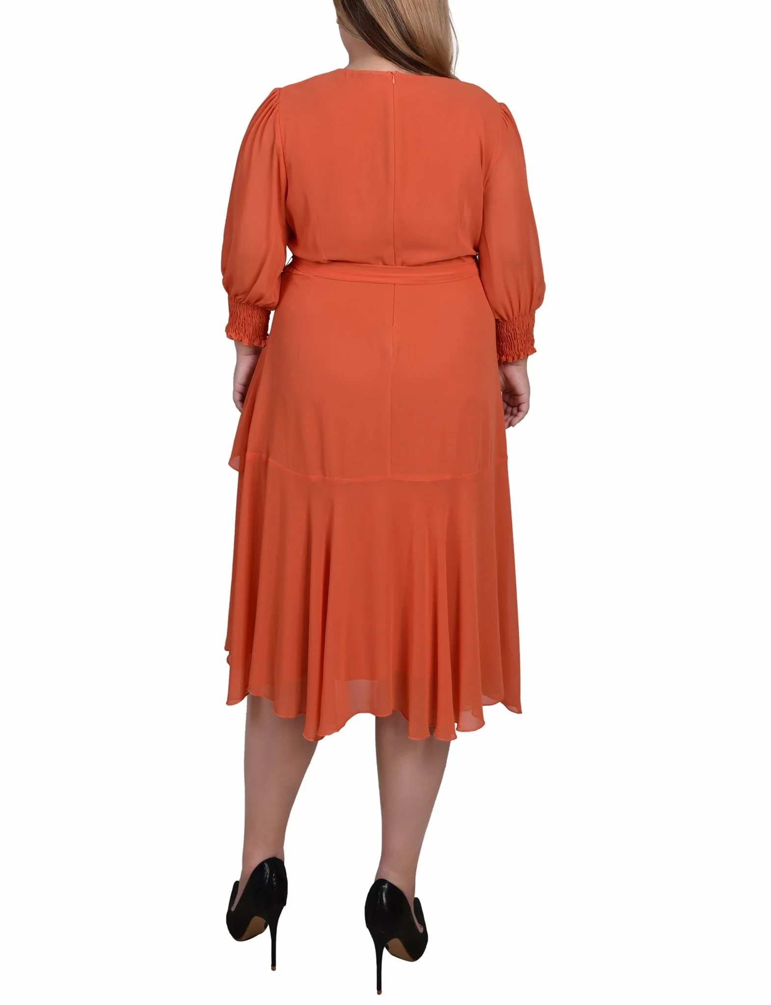 Orange Rust 3/4 Sleeve Belted Chiffon Hankerchief Hem Dress - Plus - Image 3