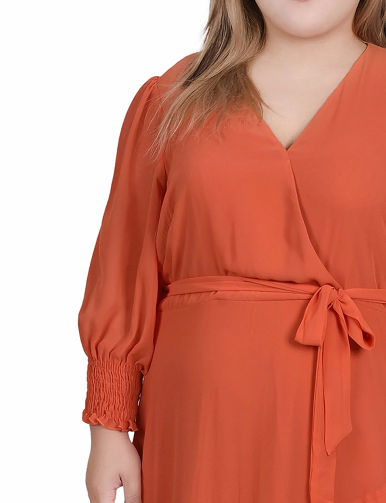Orange Rust 3/4 Sleeve Belted Chiffon Hankerchief Hem Dress - Plus - Image 4
