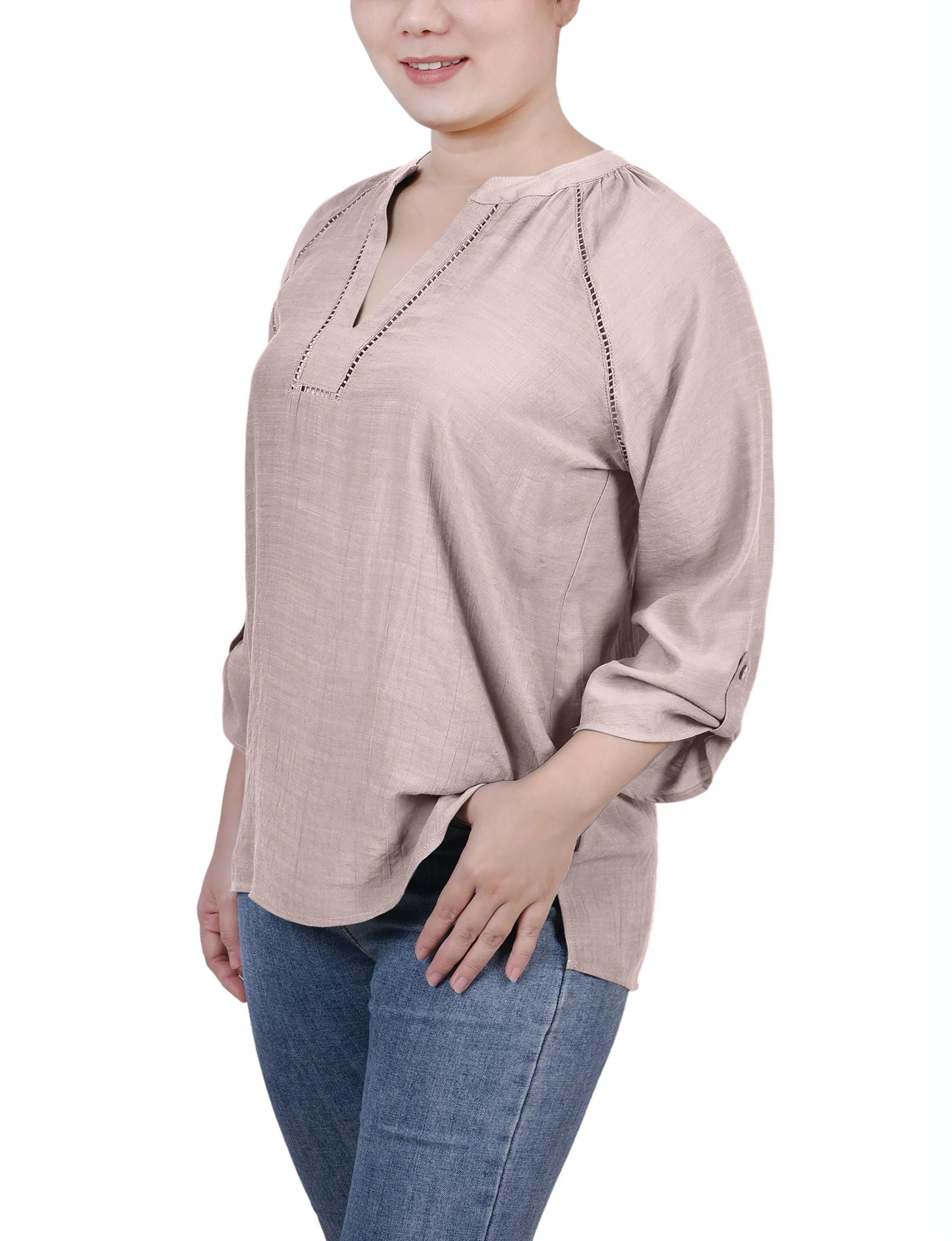 Oxford Tan Raglan Sleeve Split Neck Blouse - Image 2
