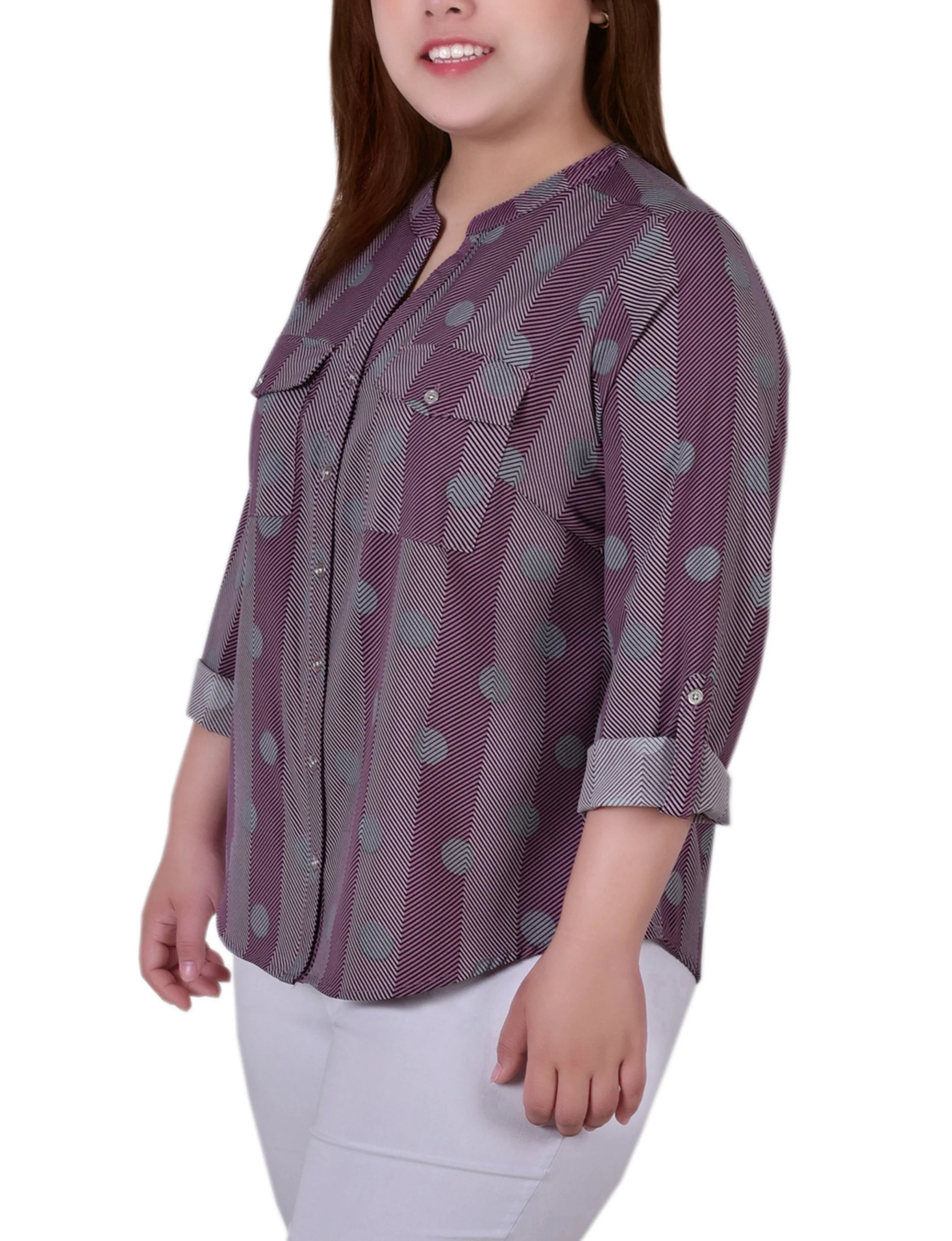 Pink 3/4 Roll Tab Sleeve Mandarin Collar Blouse - Plus Size - Image 2