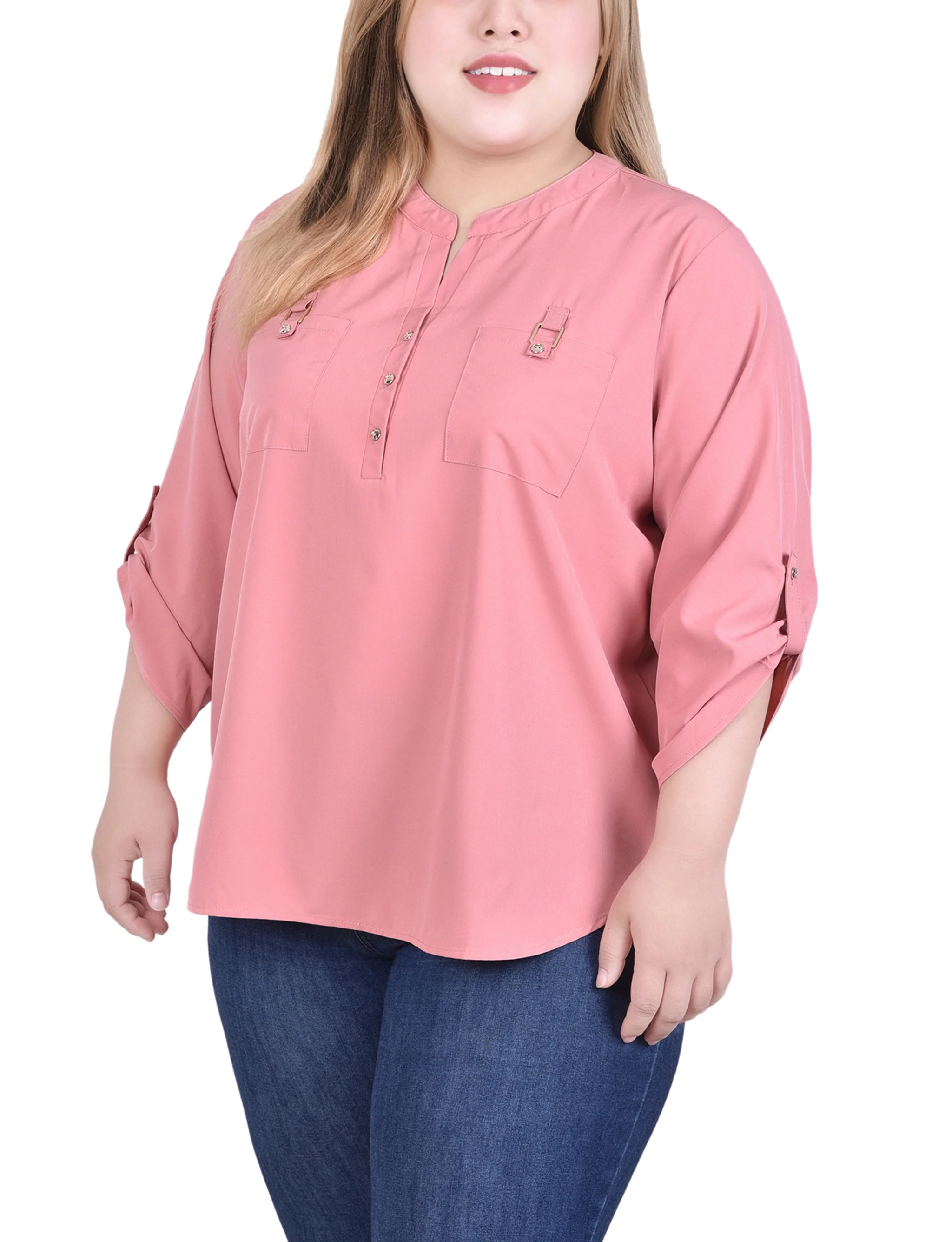 Pink 3/4 Tabbed Sleeve Y Neck Blouse - Plus Size - Image 2