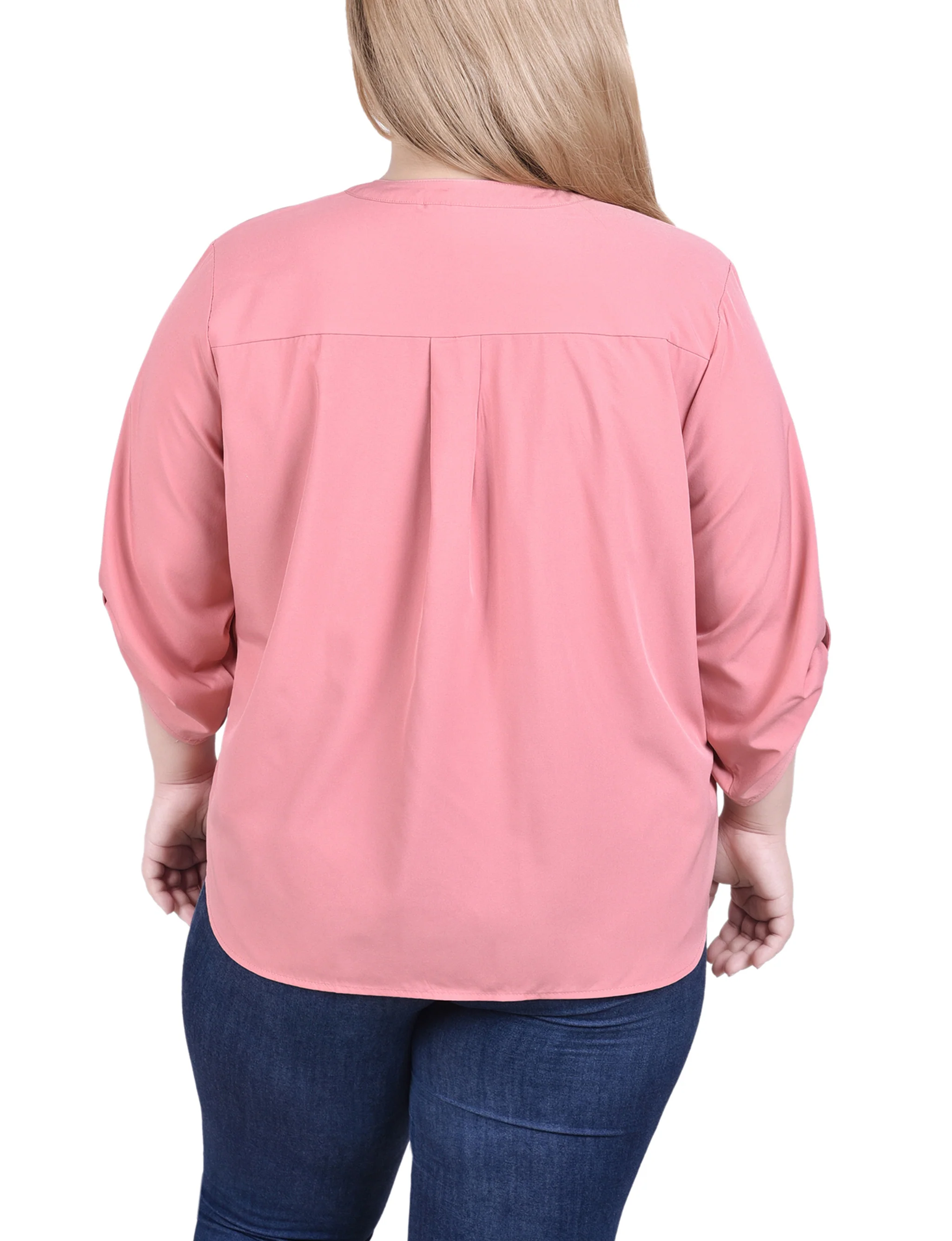 Pink 3/4 Tabbed Sleeve Y Neck Blouse - Plus Size - Image 4
