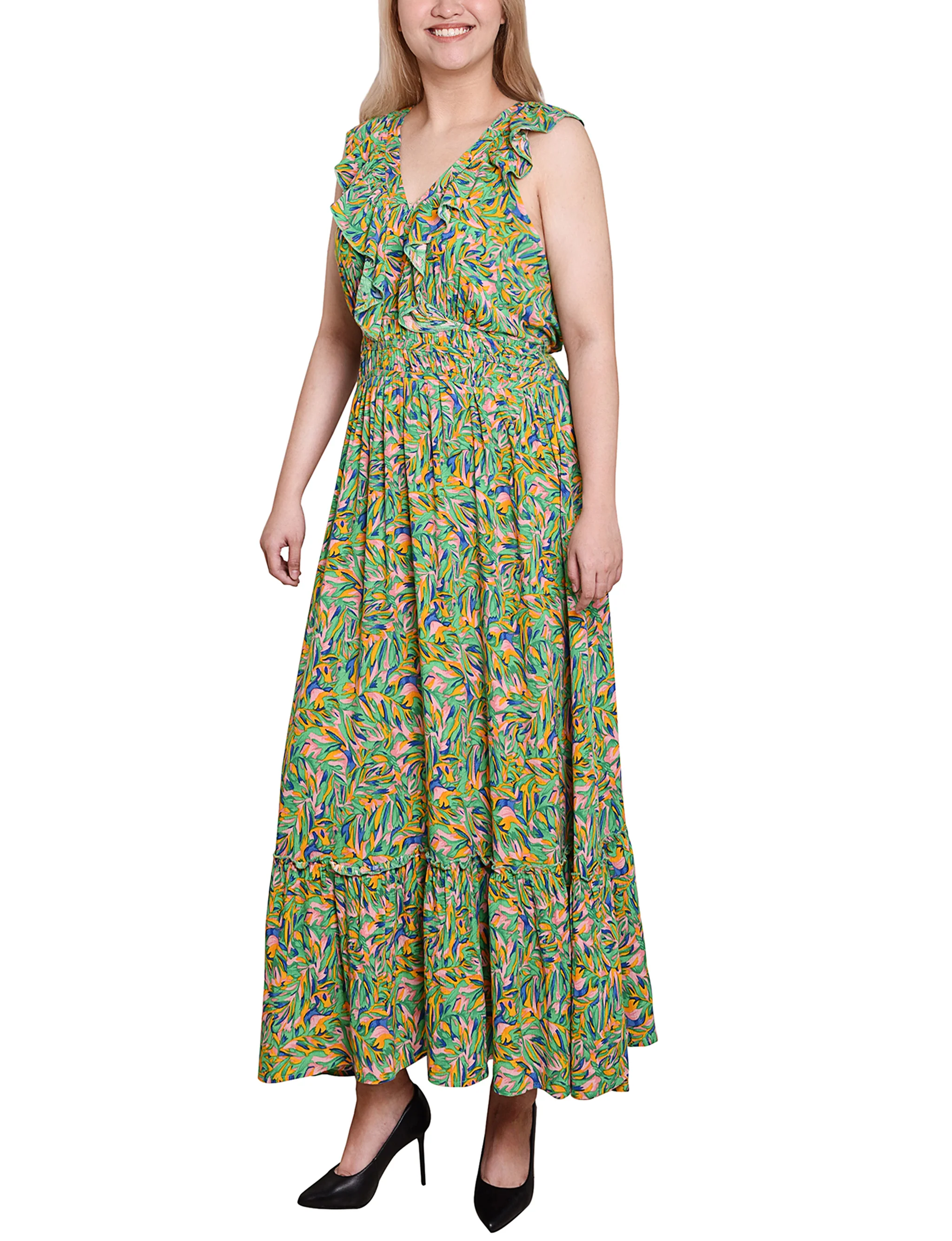 Pink Green Multi Sleeveless Ruffled Rayon Dress - Image 2