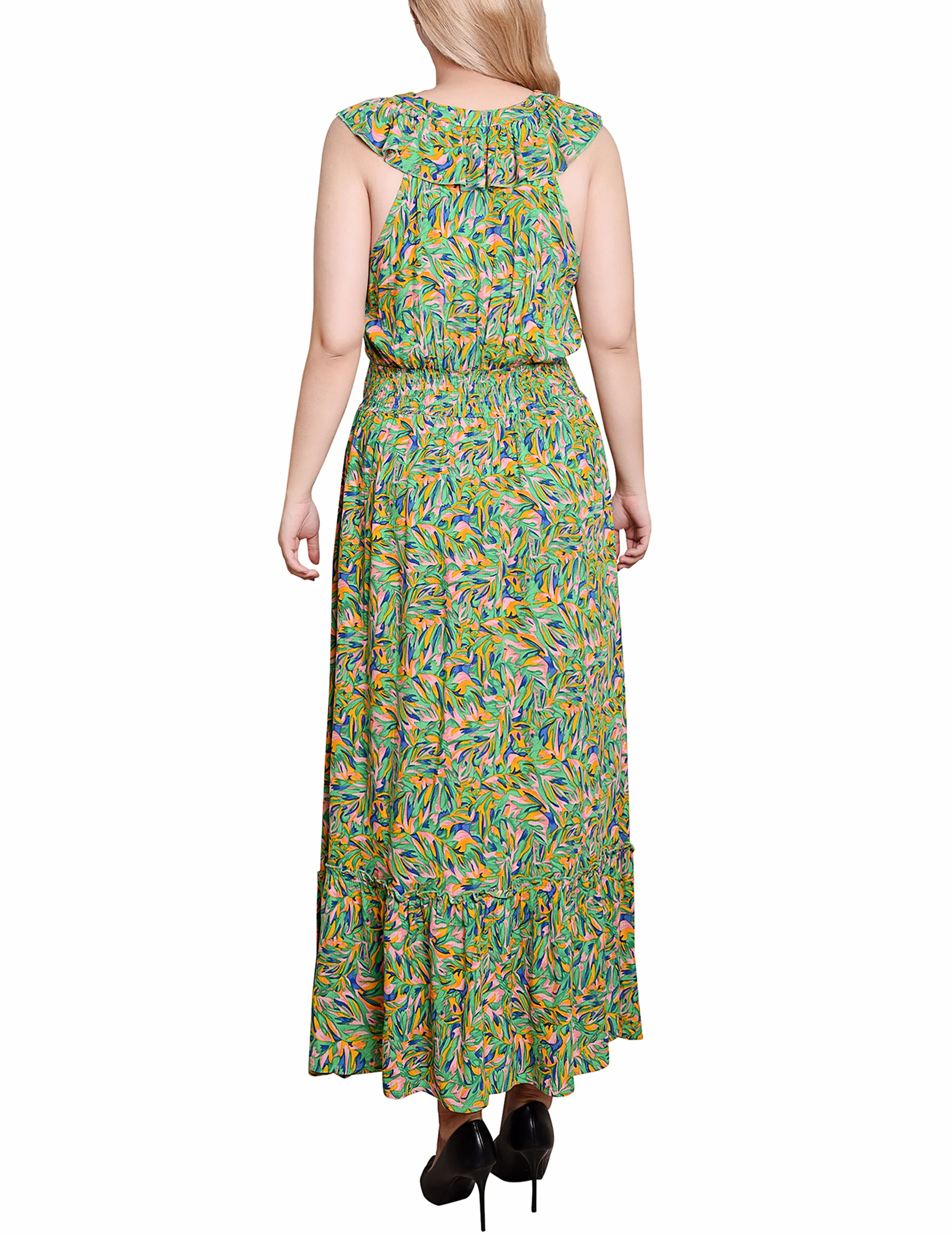 Pink Green Multi Sleeveless Ruffled Rayon Dress - Image 3