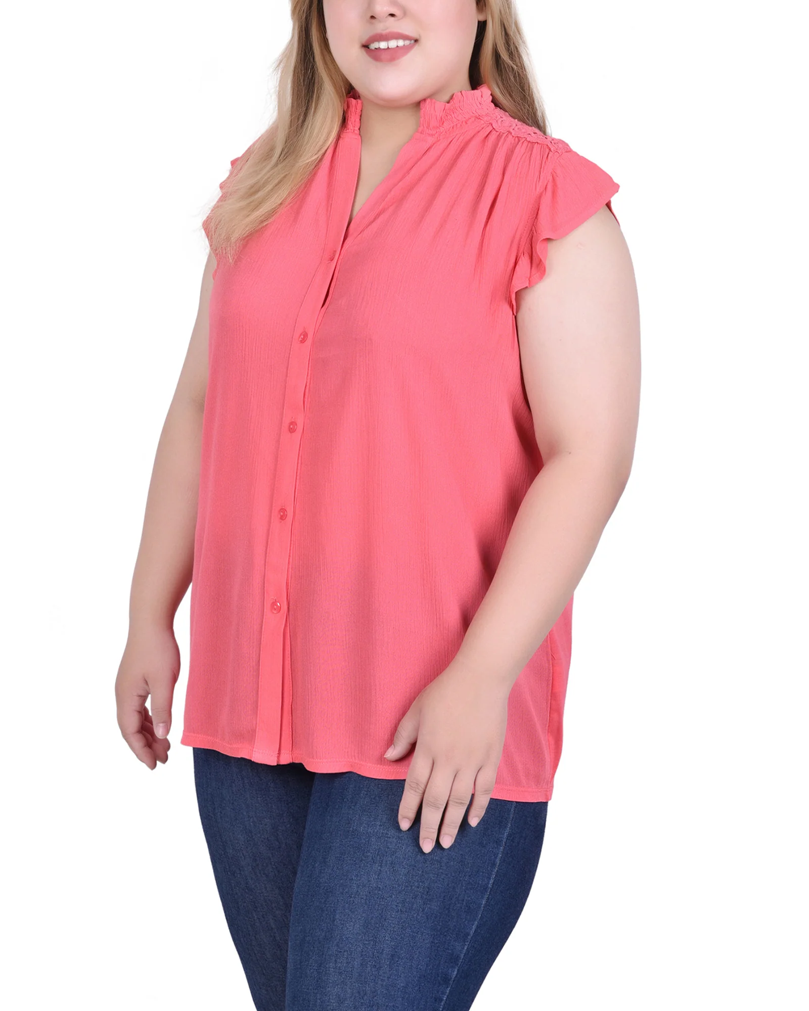 Pink Short Flutter Sleeve Crepon Blouse - Plus Size - Image 2