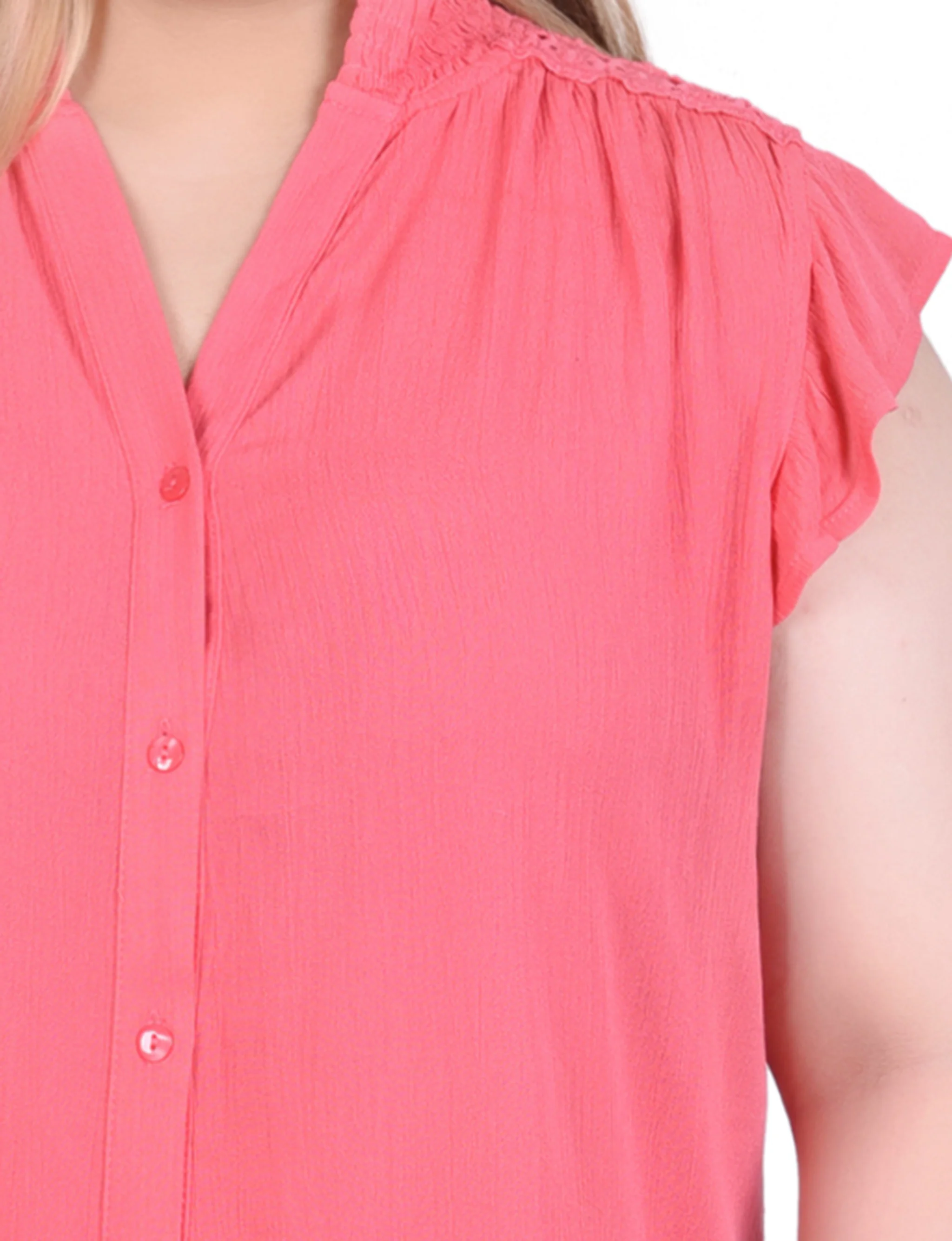 Pink Short Flutter Sleeve Crepon Blouse - Plus Size - Image 3