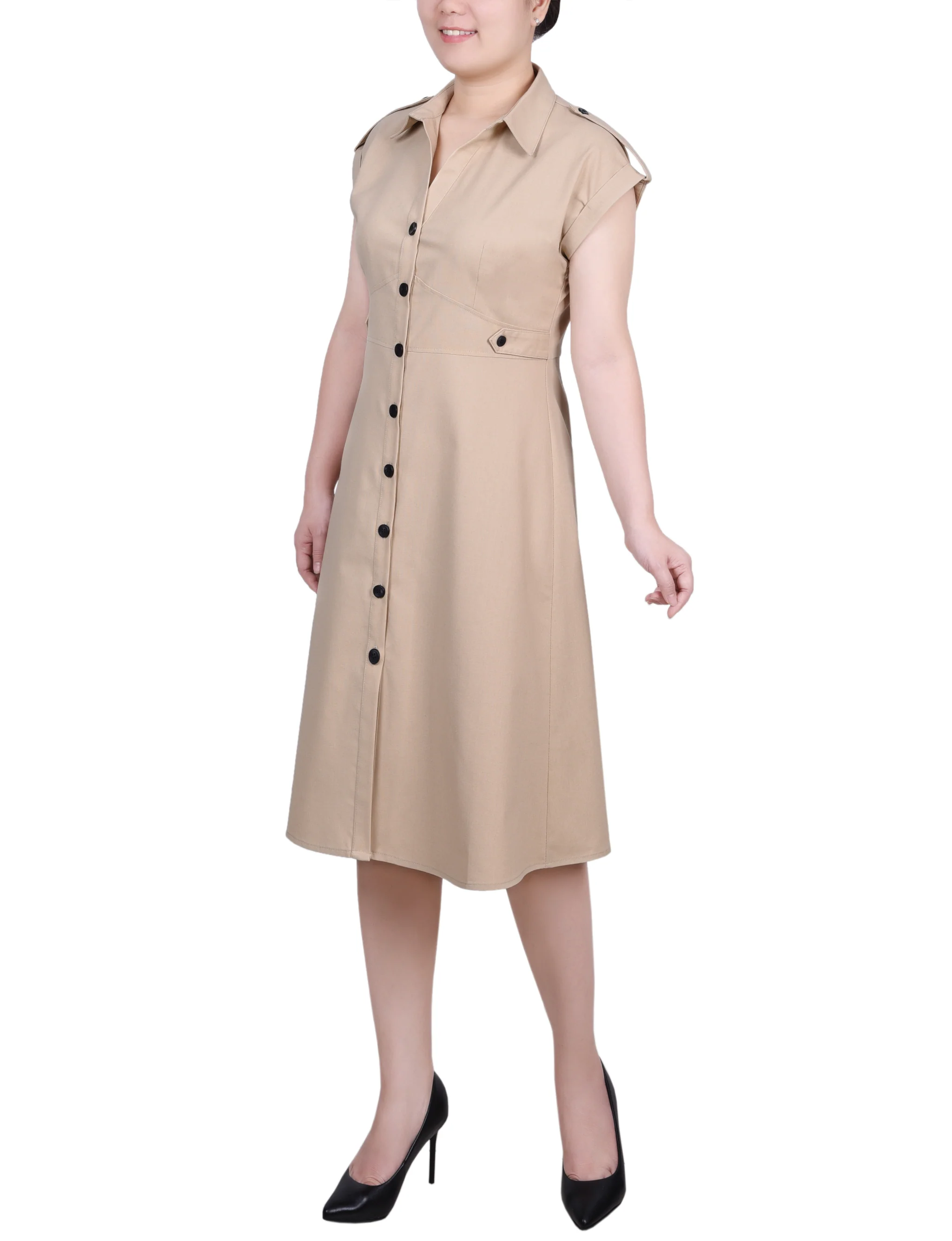 Plaza Taupe Short Sleeve Button Front Linen Dress - Image 2