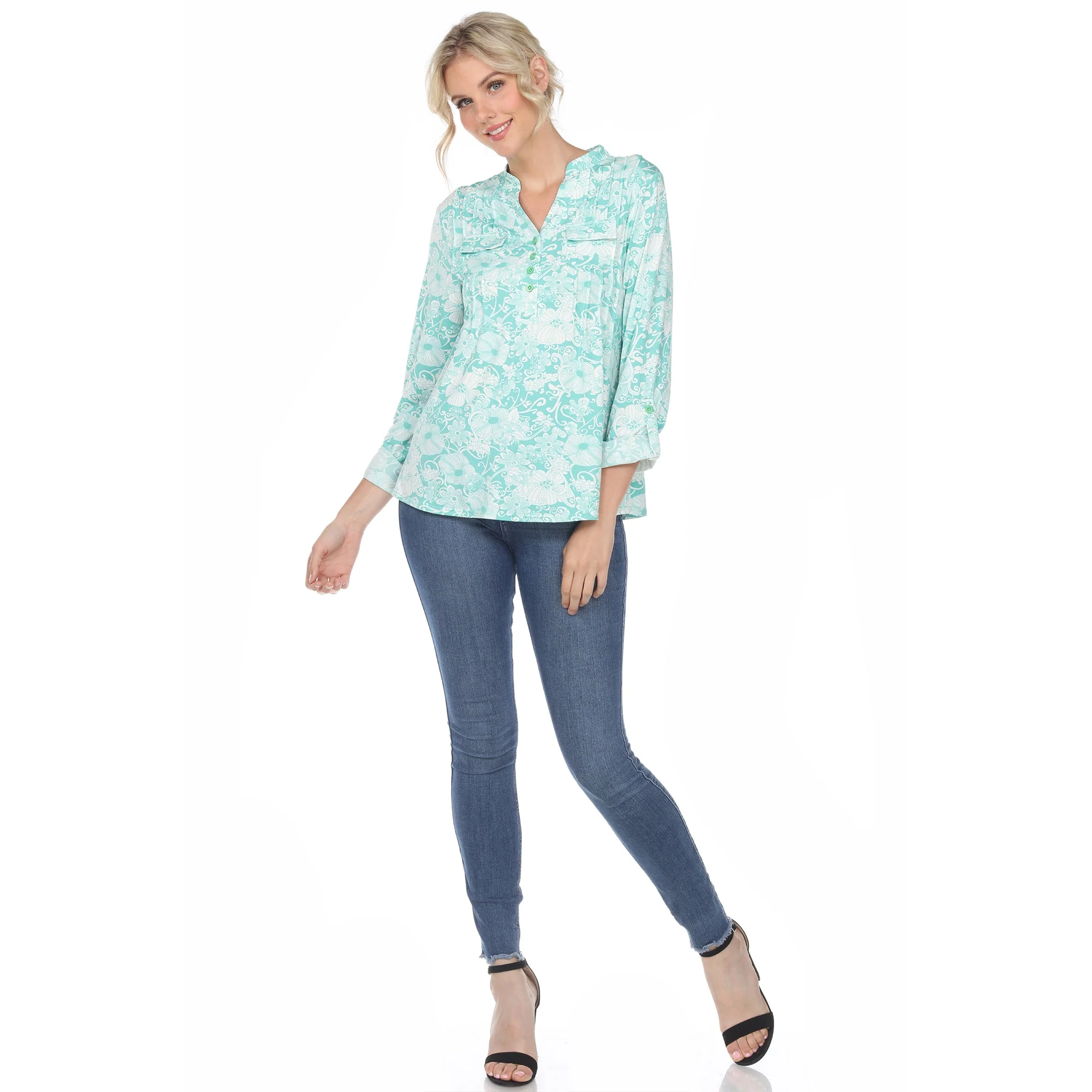 Pleated Long Sleeve Floral Print Blouse - Image 23