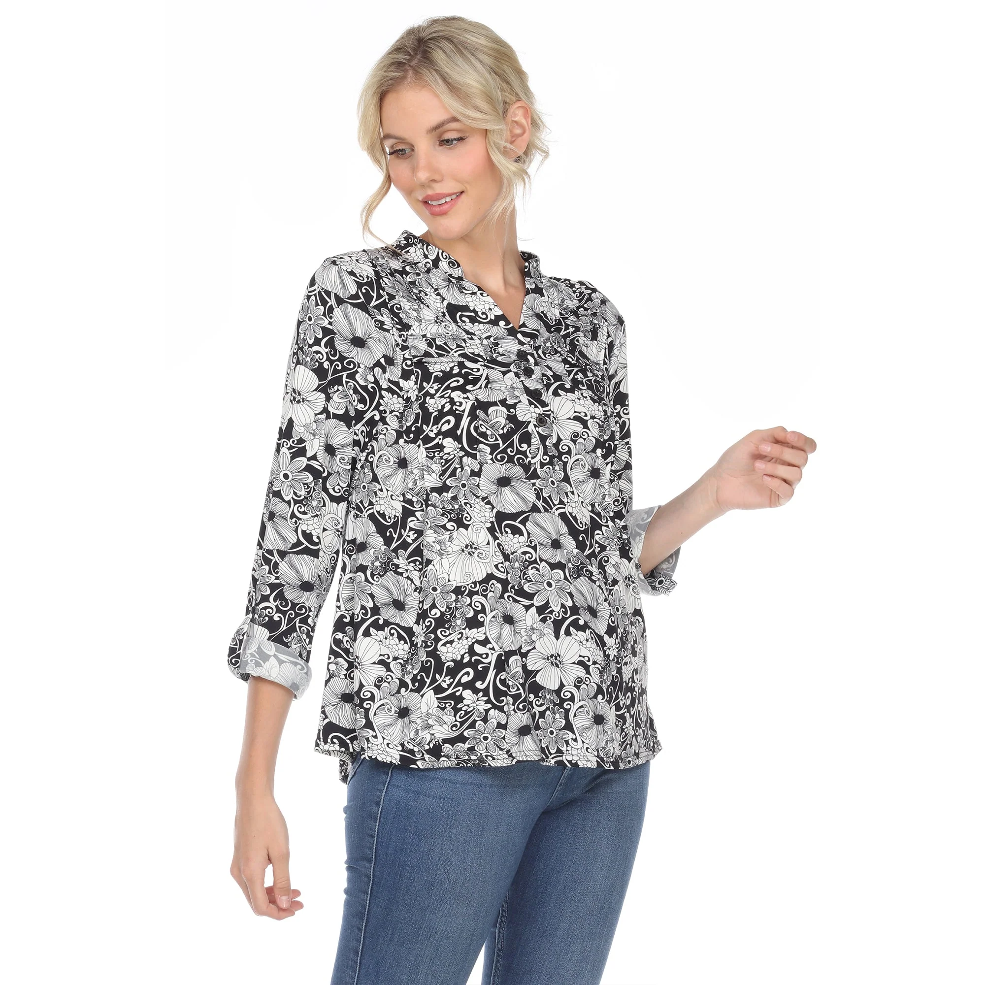 Pleated Long Sleeve Floral Print Blouse - Image 8