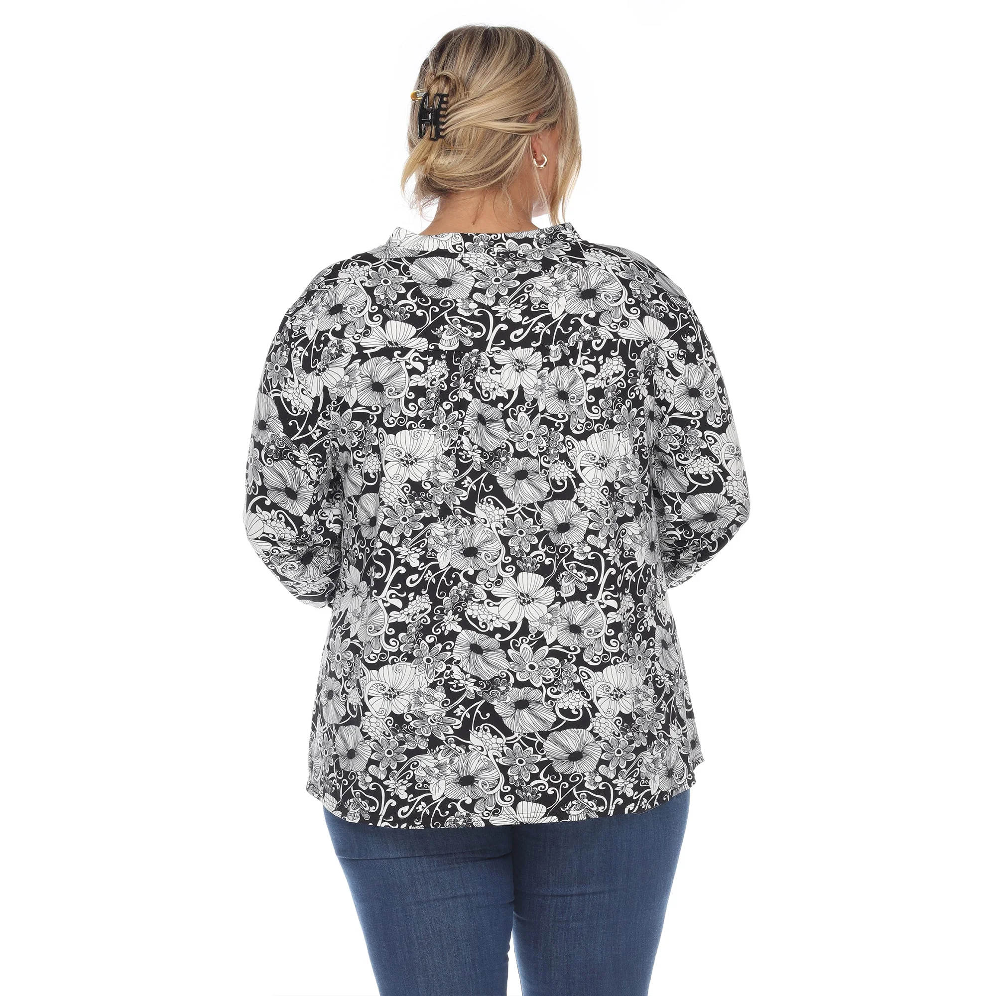 Pleated Long Sleeve Floral Print Blouse - Plus - Image 12