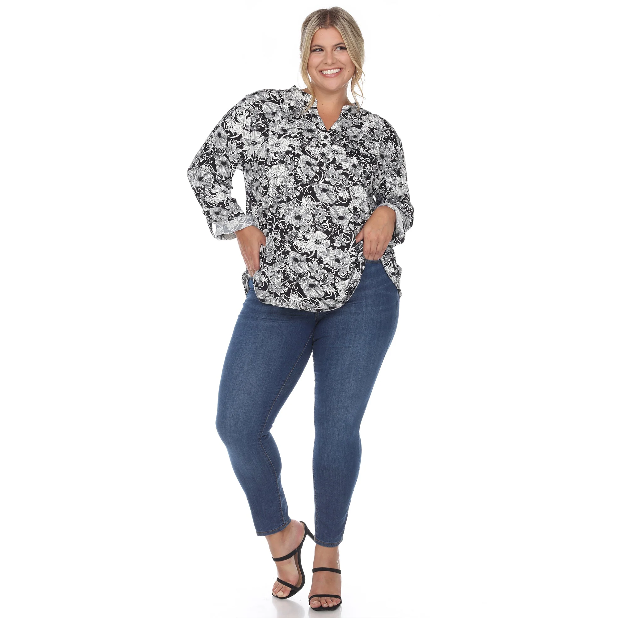 Pleated Long Sleeve Floral Print Blouse - Plus - Image 14