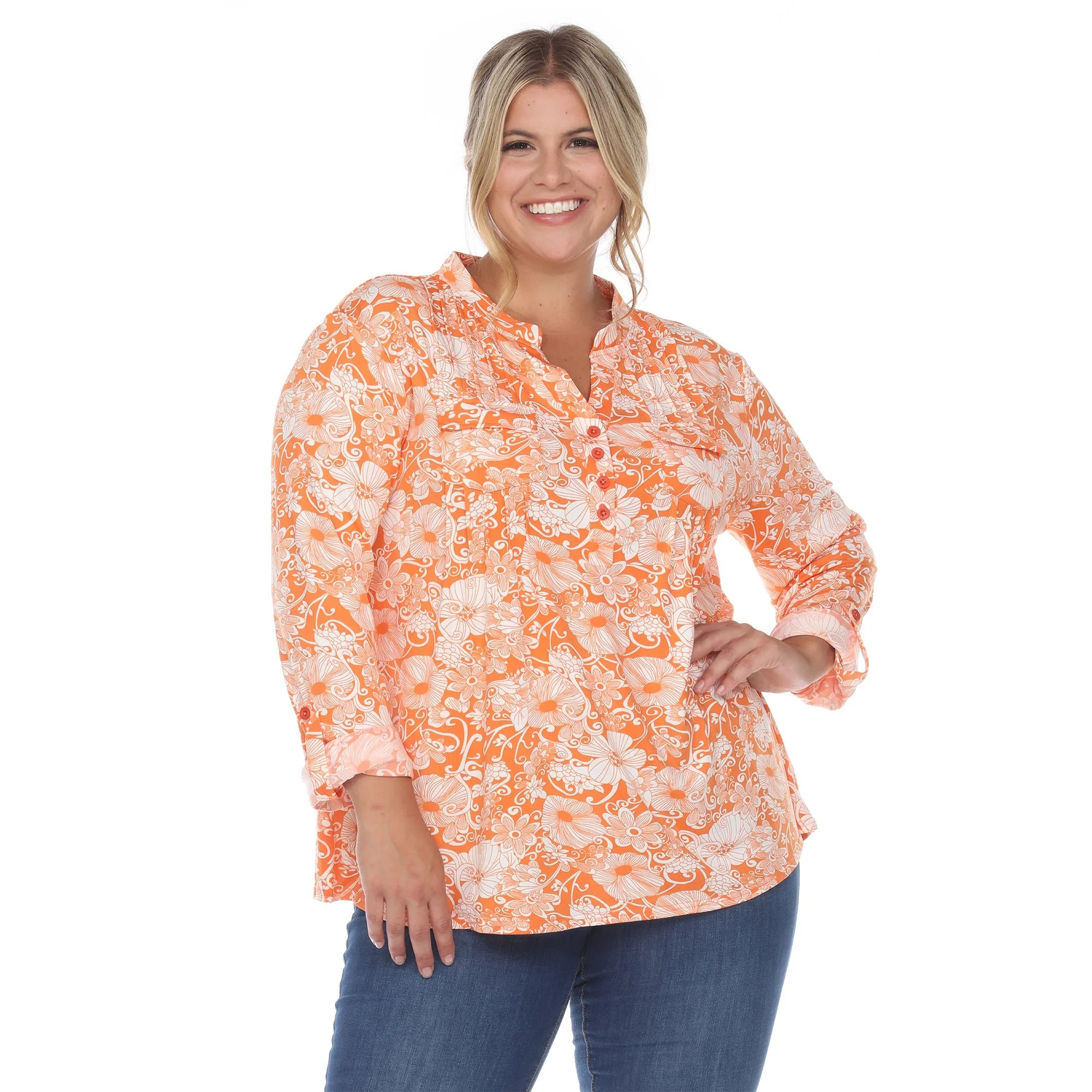 Pleated Long Sleeve Floral Print Blouse - Plus - Image 15