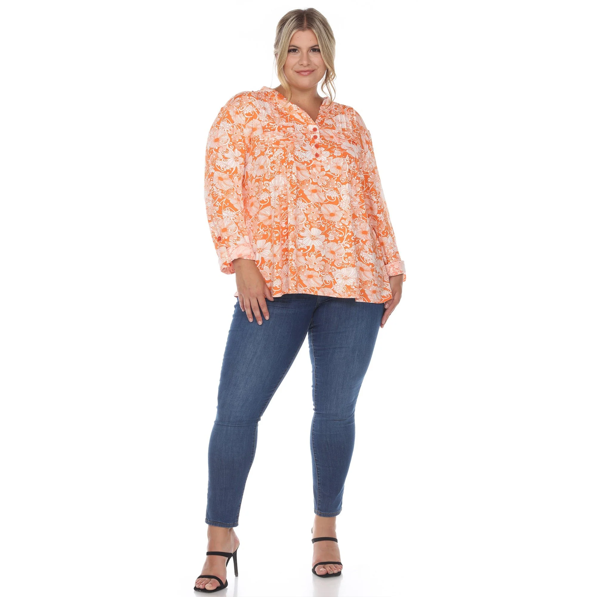 Pleated Long Sleeve Floral Print Blouse - Plus - Image 19