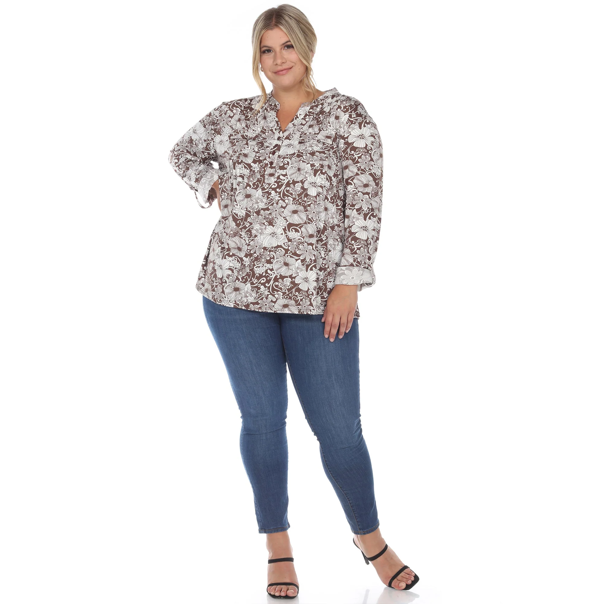Pleated Long Sleeve Floral Print Blouse - Plus - Image 20