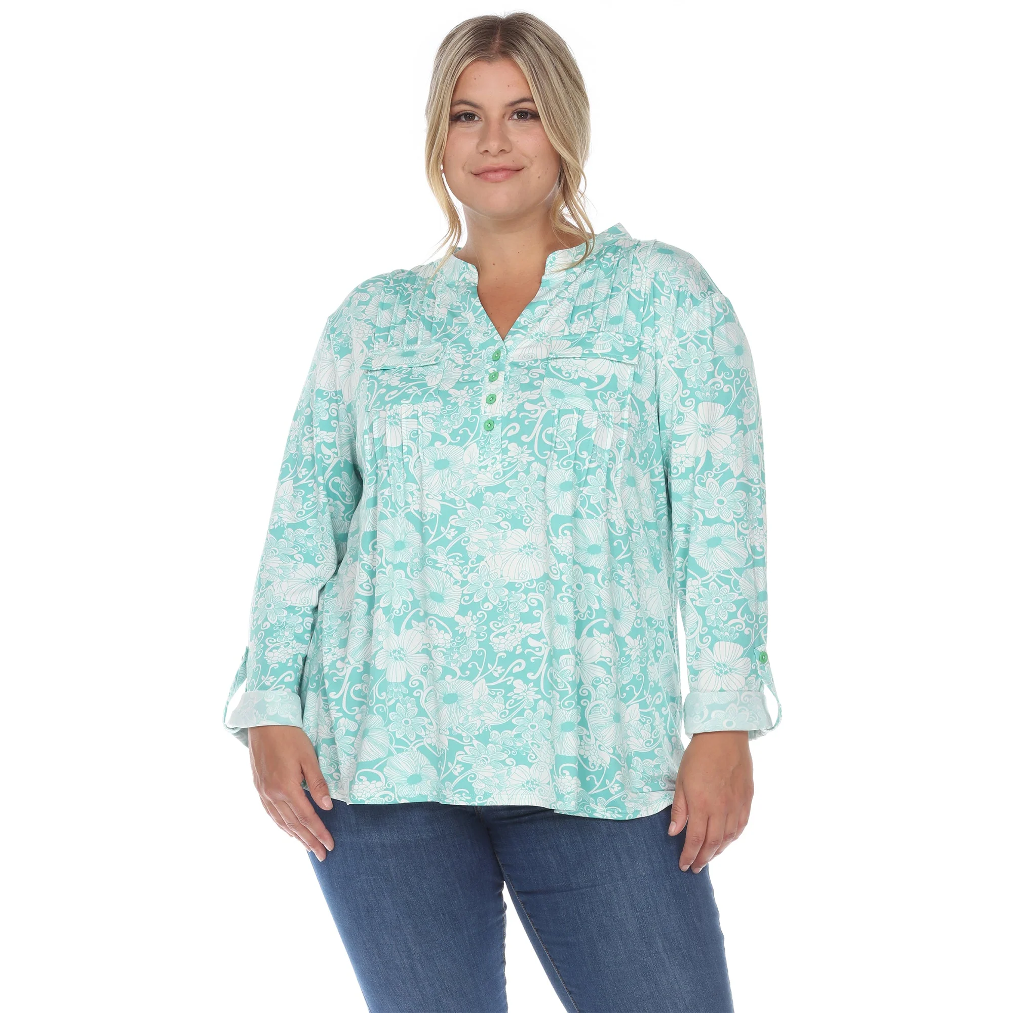Pleated Long Sleeve Floral Print Blouse - Plus - Image 21
